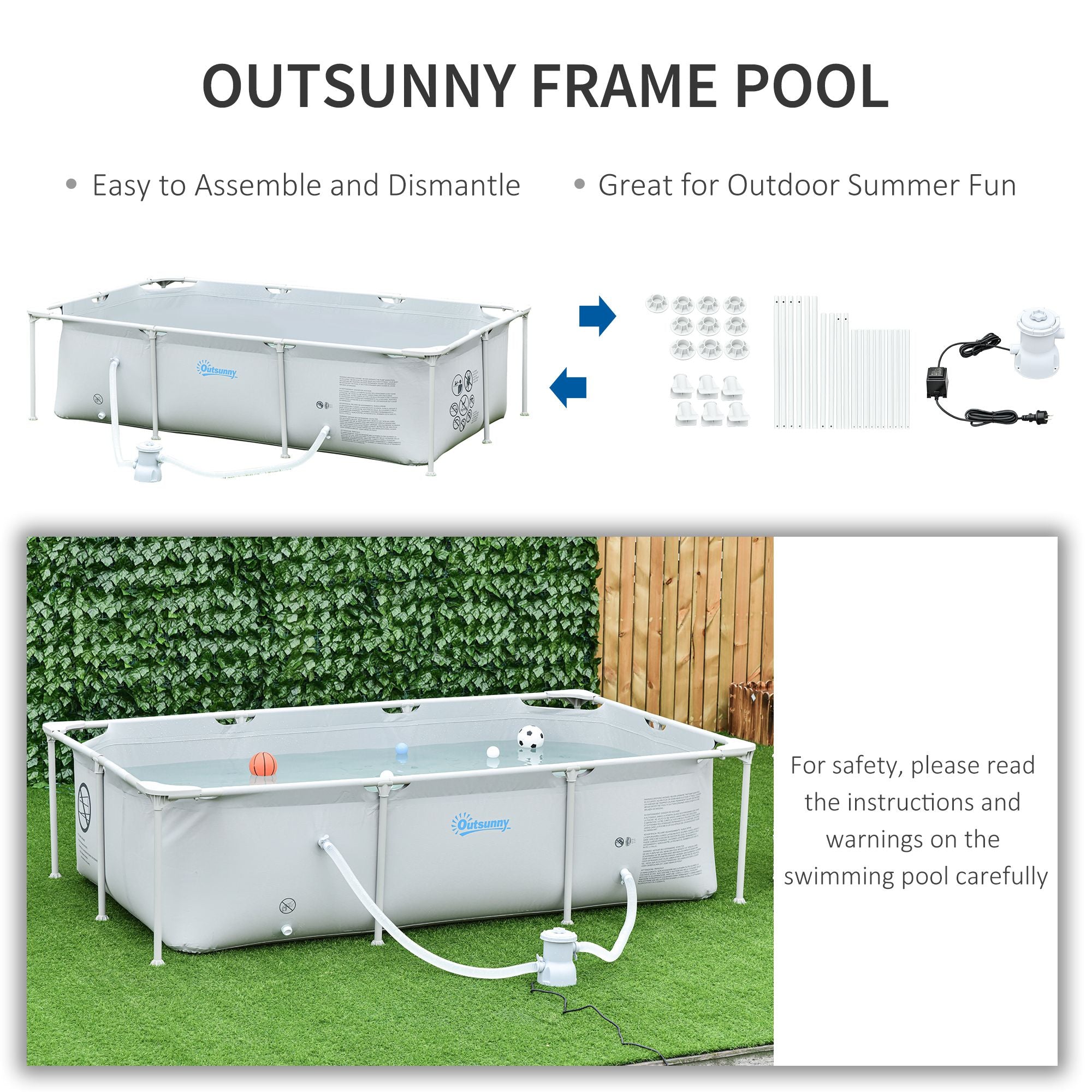 Outsunny Steel Frame Pool with Filter Pump and Filter Cartridge Rust Resistant Above Ground Pool with Reinforced Sidewalls, 252 x 152 x 65cm, Grey - Inspirely
