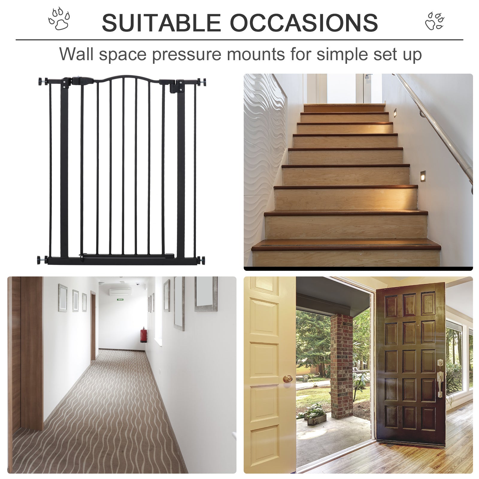 PawHut 74-84cm Adjustable Metal Pet Gate Safety Barrier w/ Auto-Close Door Double Locking Easy-Open Doors Stairs Home Frames Black - Inspirely