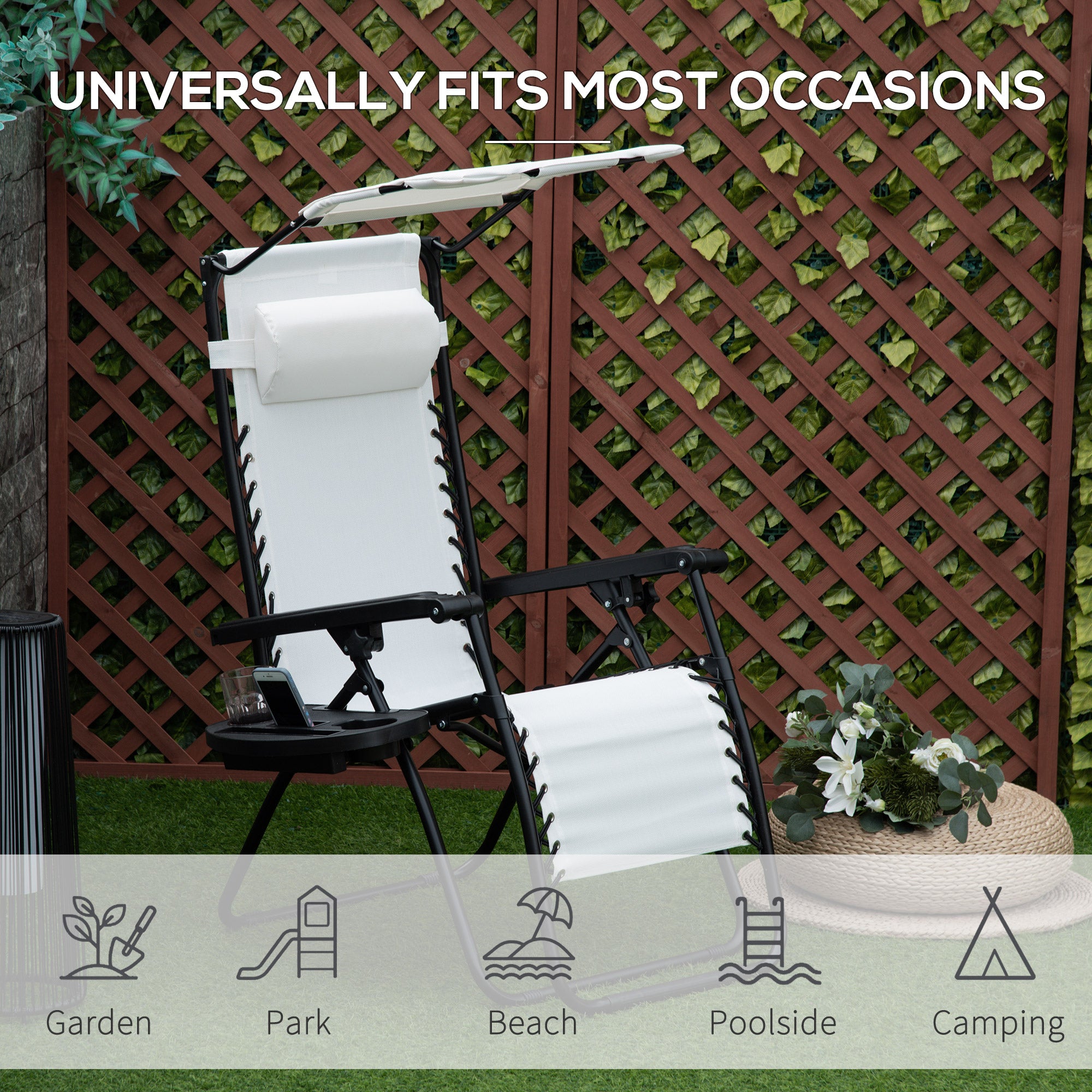 Outsunny Zero Gravity Garden Deck Folding Chair Patio Sun Lounger Reclining Seat with Cup Holder & Canopy Shade - White - Inspirely
