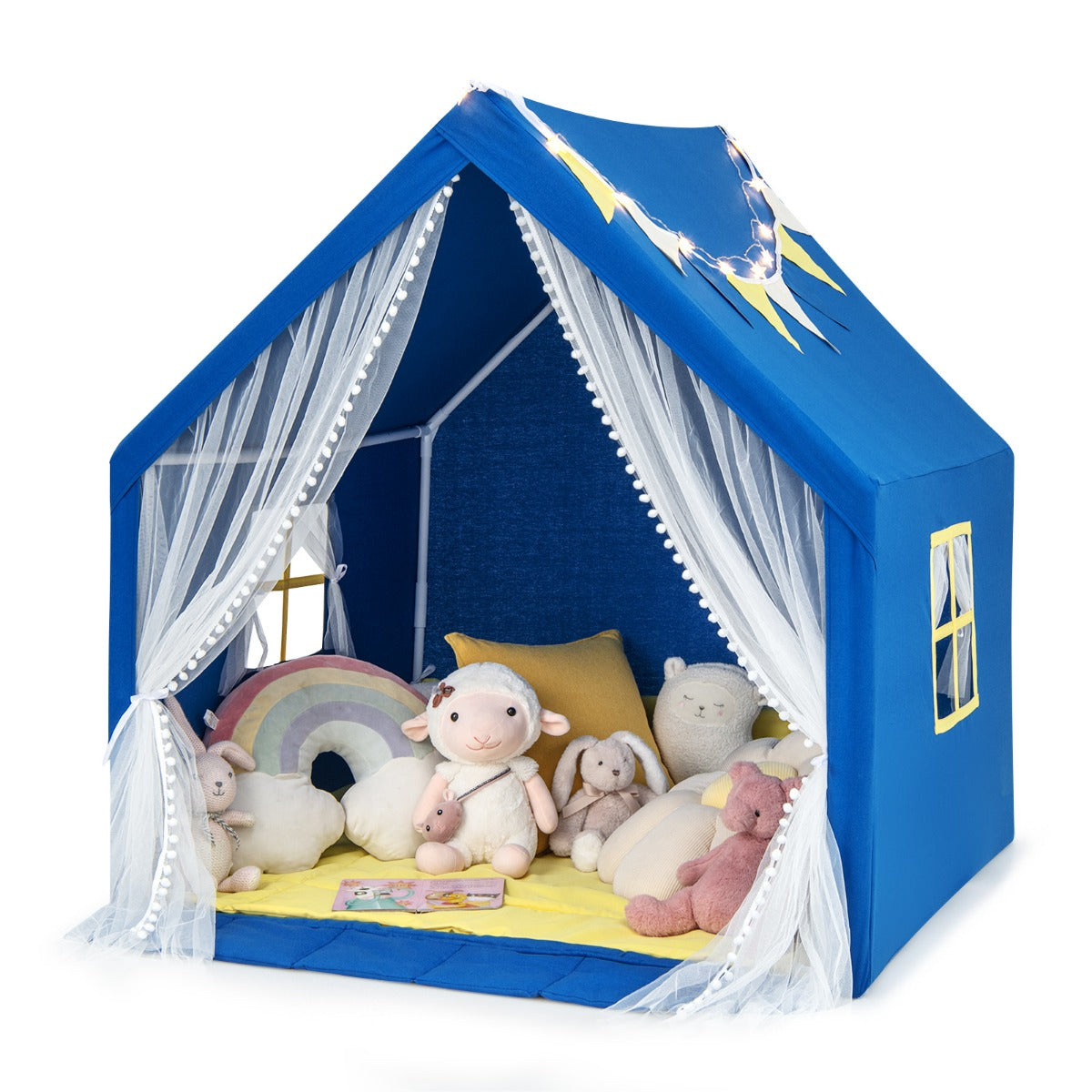 Kids and Toddlers Playhouse with Washable Cotton Mat and Star Lights and Windows-Navy