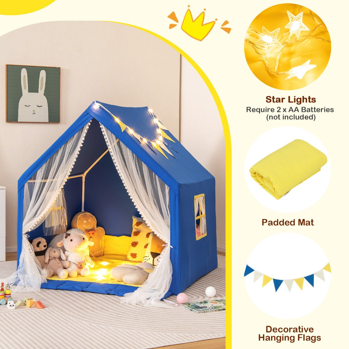 Kids and Toddlers Playhouse with Washable Cotton Mat and Star Lights and Windows-Navy