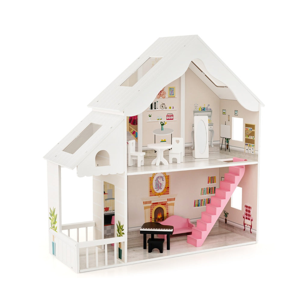 Kids Wooden Dollhouse with Simulated Rooms and Furniture Set-White