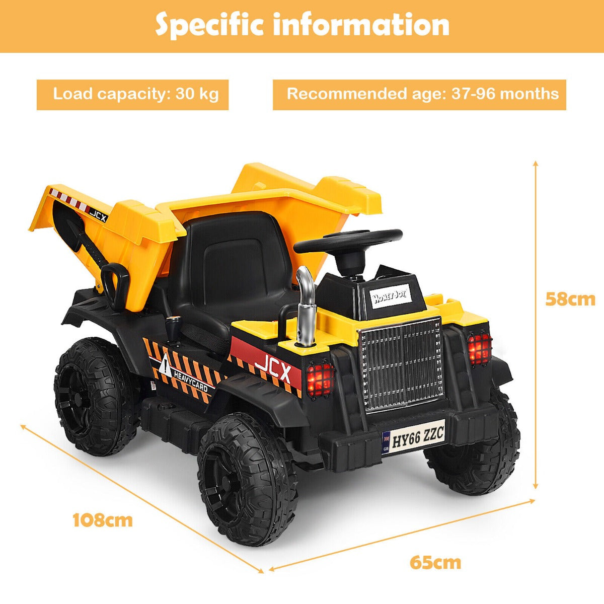 3 Speeds Electric Ride On Dump Truck with Remote Control and Music for Kids-Yellow