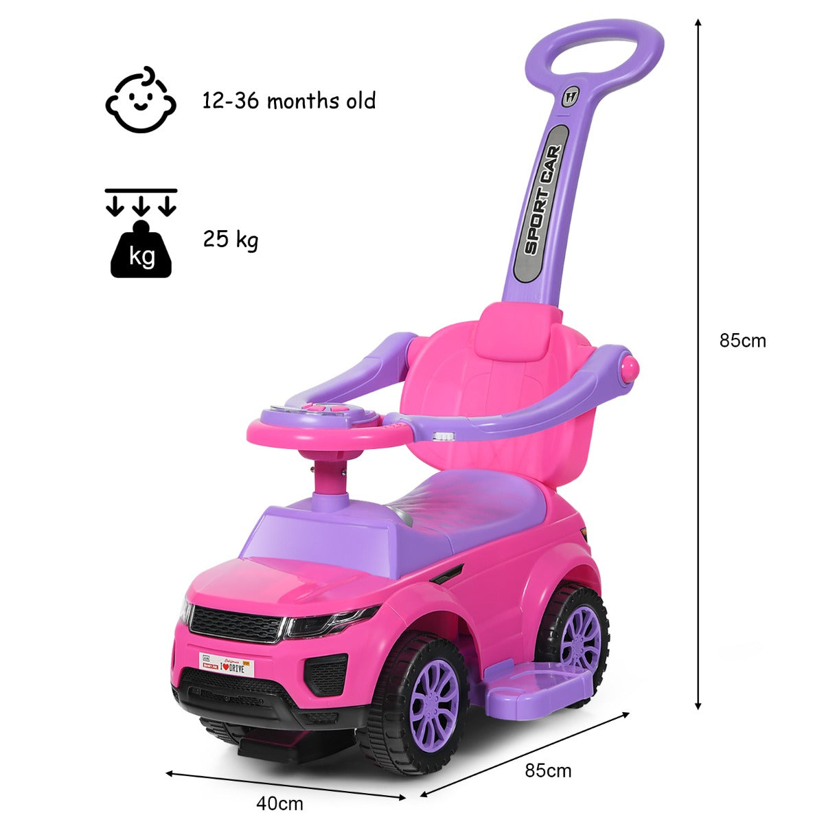 3 in 1 Ride on Push Car Stroller Sliding Walking Car-Pink