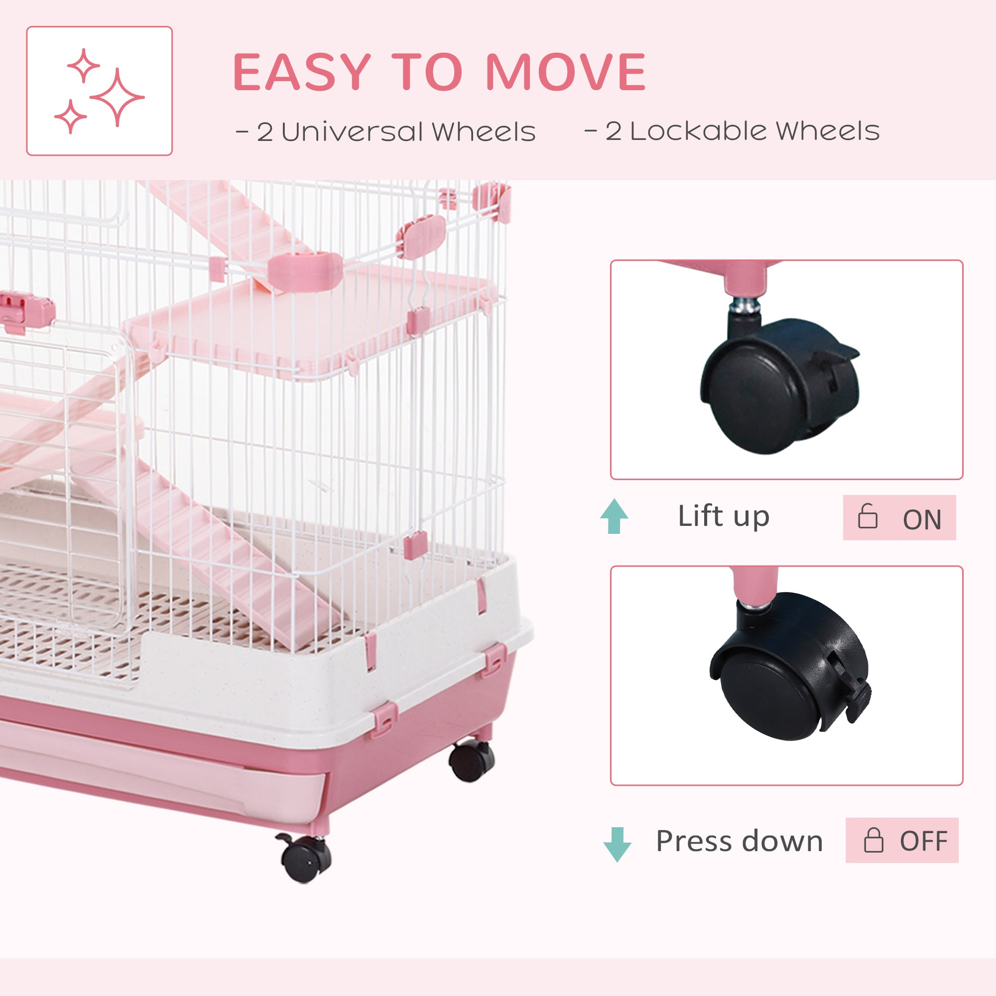 PawHut Four-Tier Small Animal Cage, for Bunnies, Ferrets, Chinchillas w/ Wheels, Tray - Pink