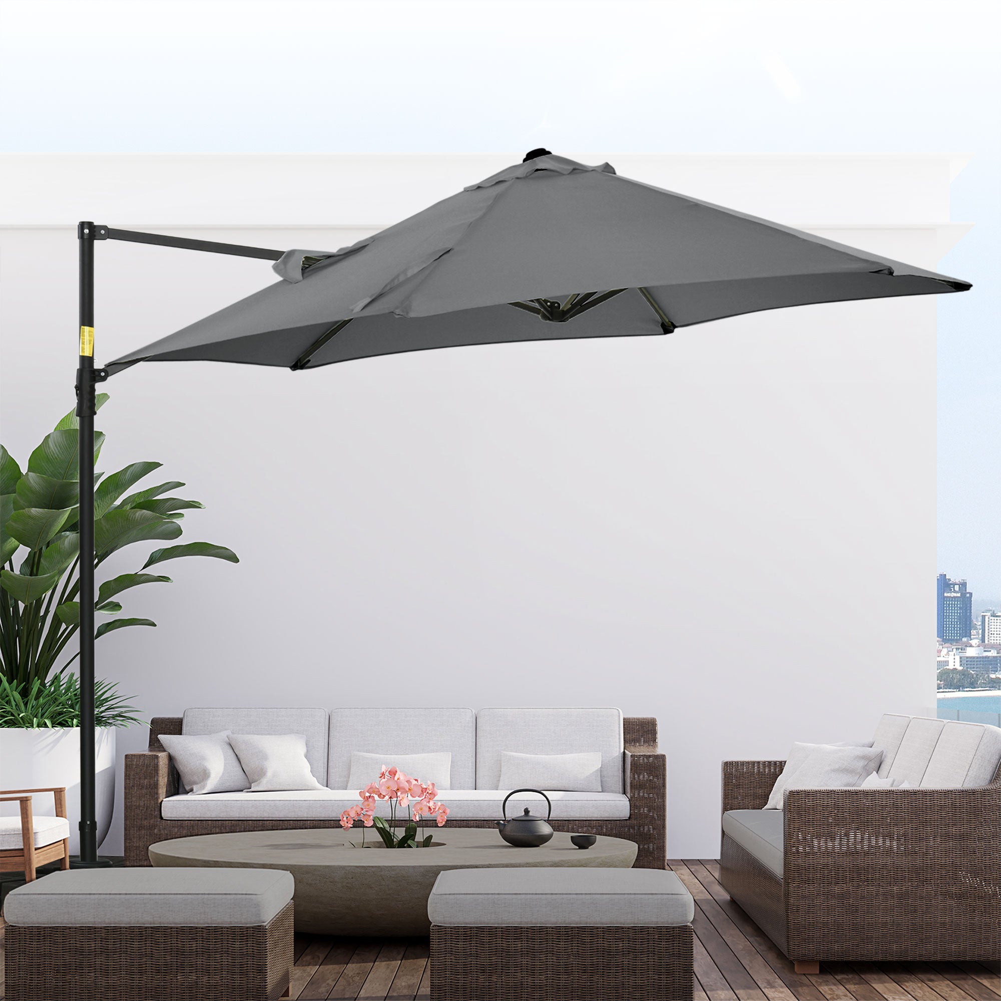 Outsunny 2.5M Garden Cantilever Parasol with 360° Rotation, Offset Roma Patio Umbrella Hanging Sun Shade Canopy Shelter with Cross Base, Dark Grey