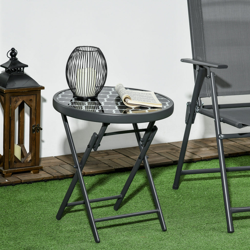 Outsunny 45cm Outdoor Side Table, Round Folding Patio Table with Imitation Marble Glass Top, Small Coffee Table, Black