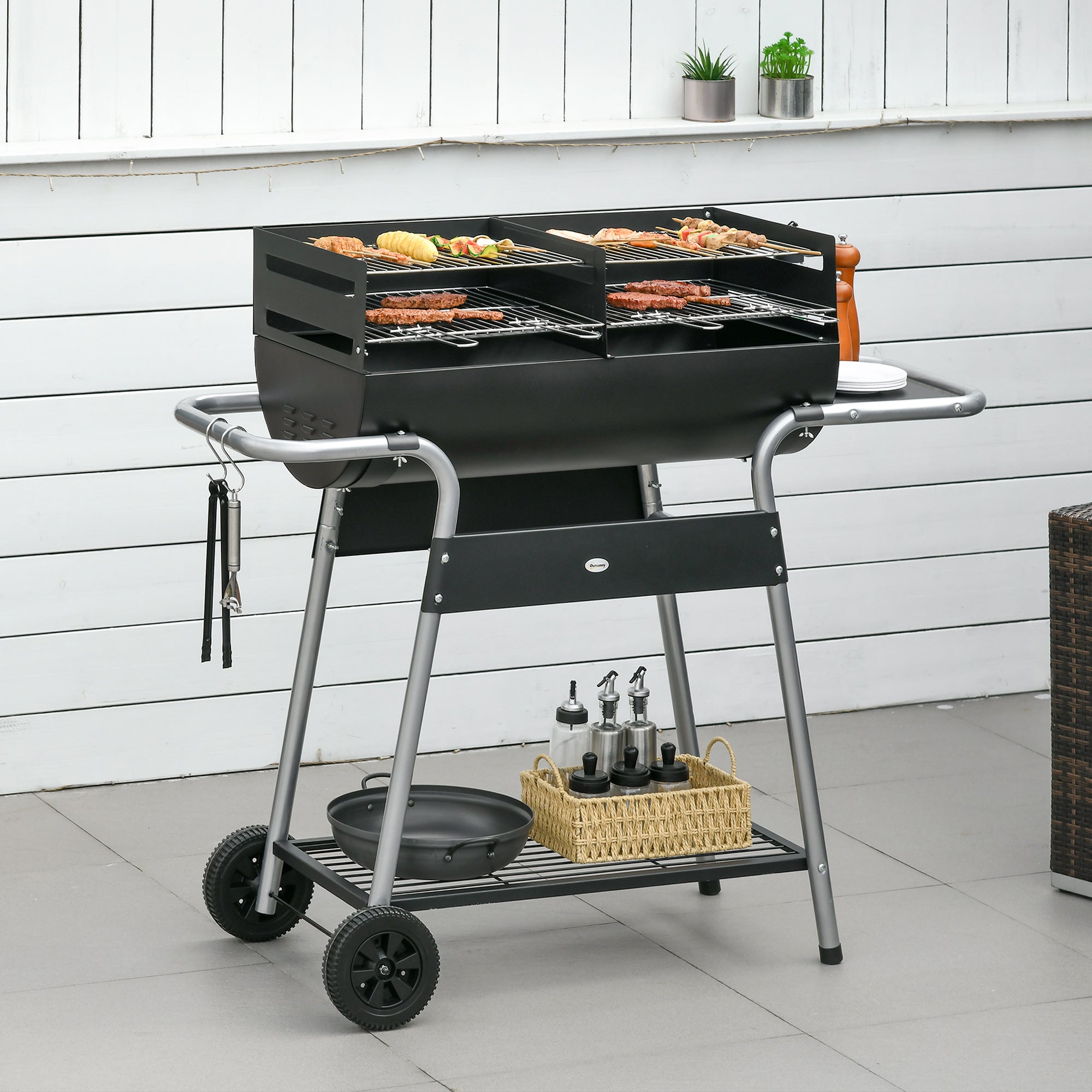 Outsunny Charcoal Barbecue Grill Garden BBQ Trolley w/ Adjustable Grill Height, Double Grill, Side Table, Storage Shelf and Wheels, Black