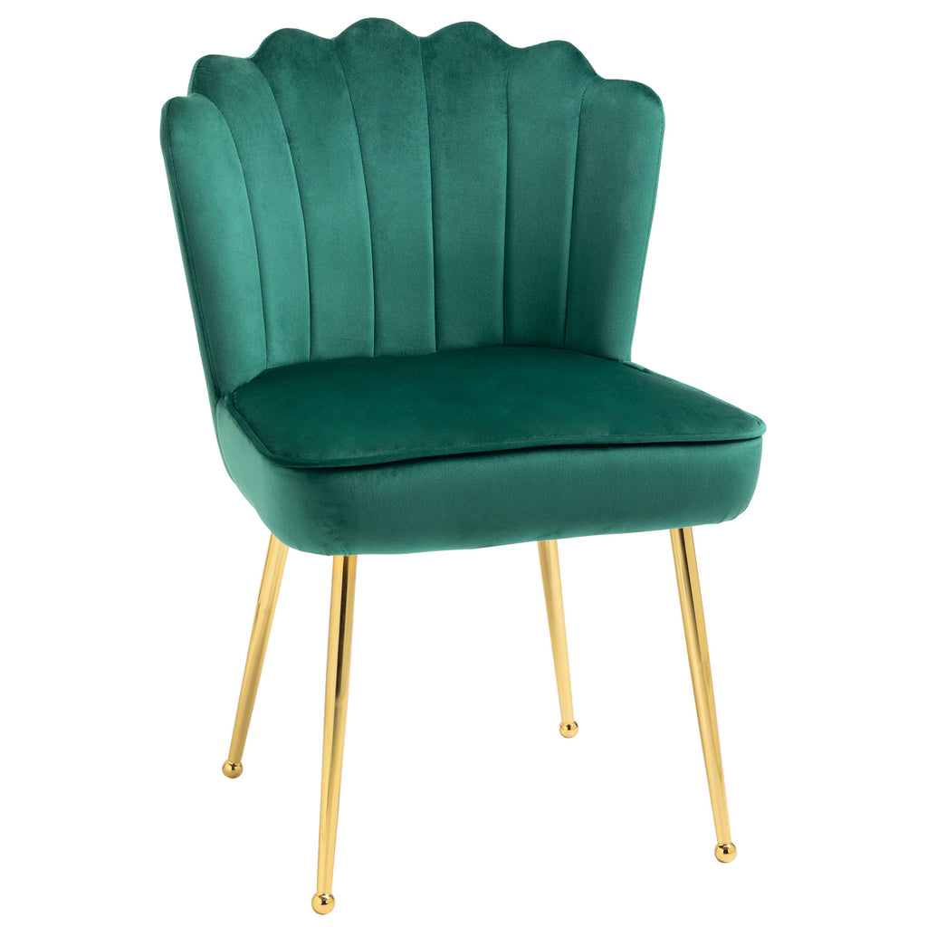 HOMCOM Velvet-Feel Shell Luxe Accent Chair, Glam Vanity Chair Makeup Seat, Home Bedroom Lounge with Metal Legs Comfort Padding, Green - Inspirely