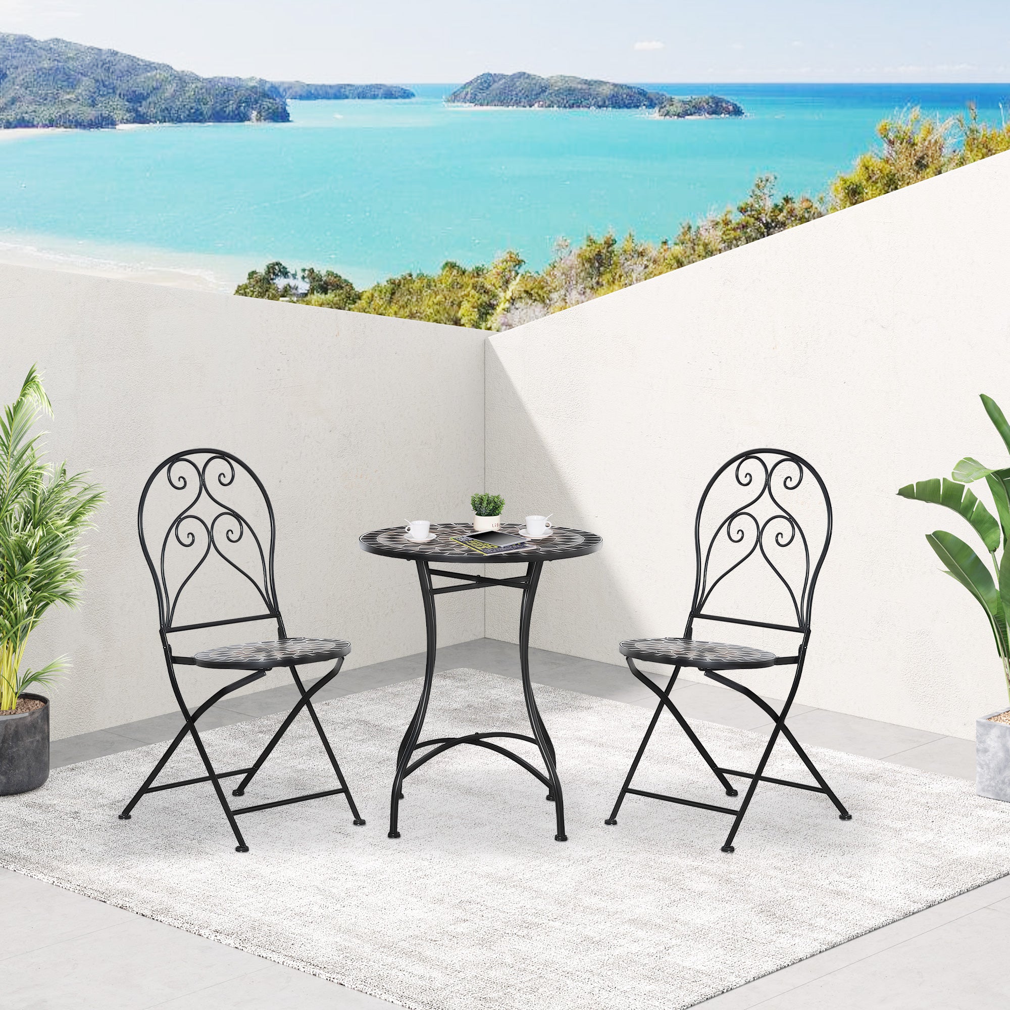 Outsunny 3 Piece Garden Outdoor Bistro Set with Coffee Table and 2 Folding Chairs, Mosaic Tile Top and Seats, Metal Frame, for Patio Balcony - Inspirely