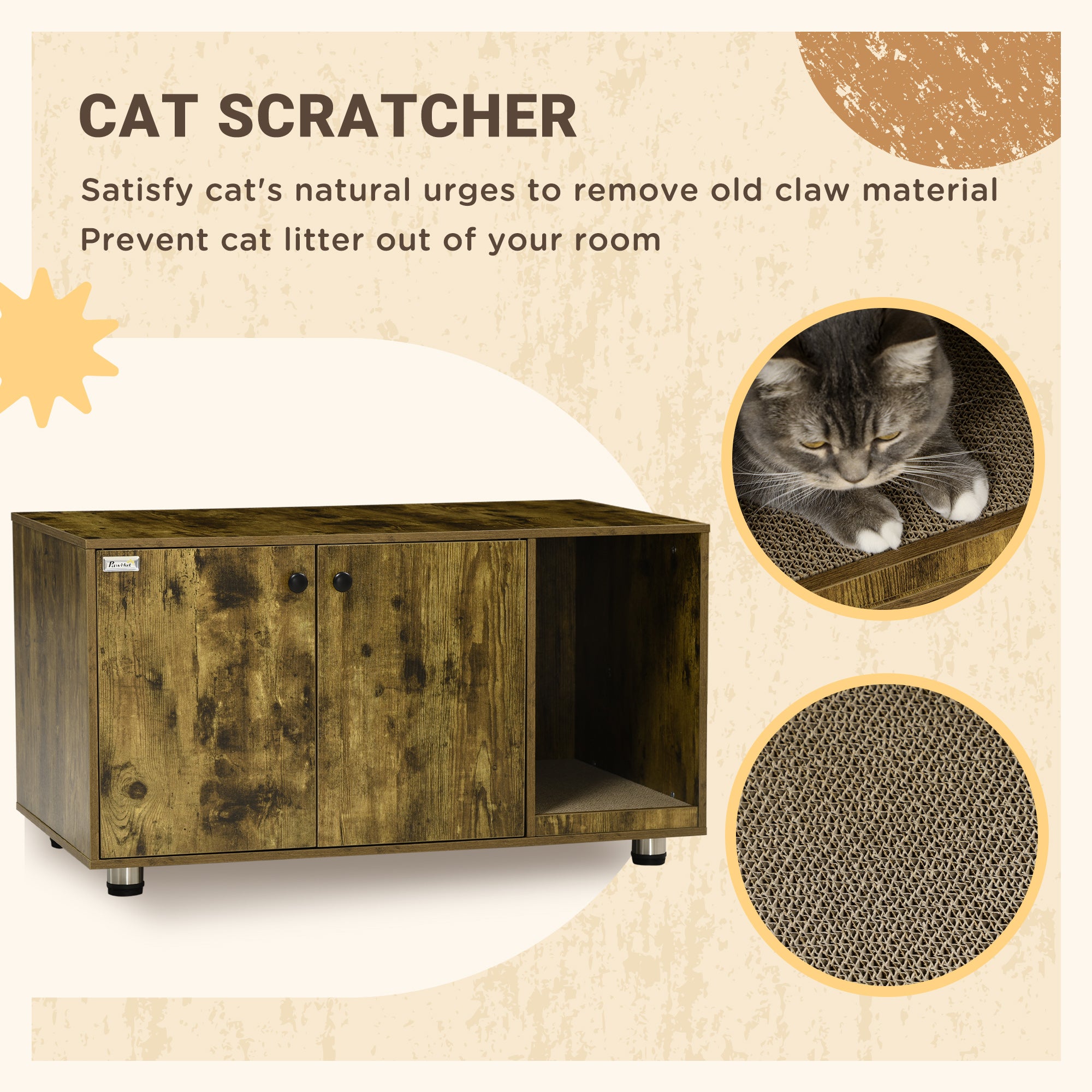 PawHut Cat Litter Box Enclosure, Hidden Cat Washroom, Decorative End Table with Double Doors, Scratching Pad, Rustic Brown