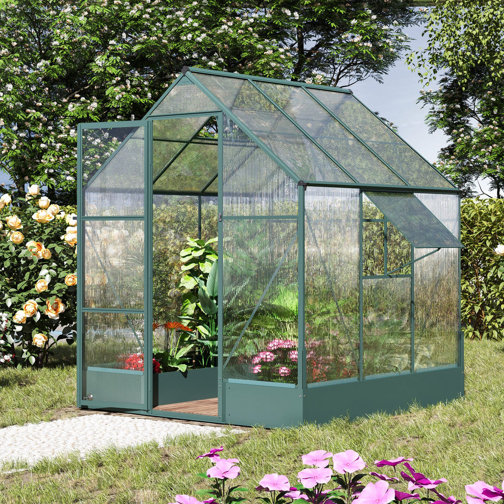 Outsunny Garden Walk-in Aluminium Greenhouse Polycarbonate with Plant Bed ,Temperature Controlled Window, Foundation, 6 x 6ft - Inspirely