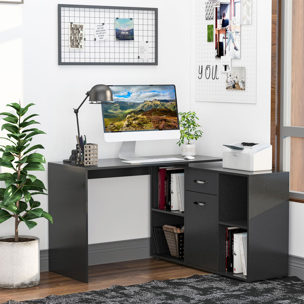 Corner L-Shaped Computer Desk, Drawers Modern, Black