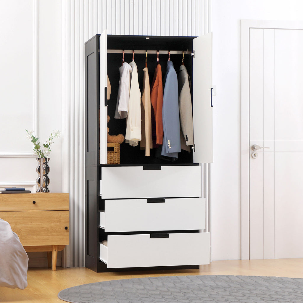 HOMCOM 2 Door Wardrobe Modern Wardrobe with 3 Drawers and Hanging Rod for Bedroom White
