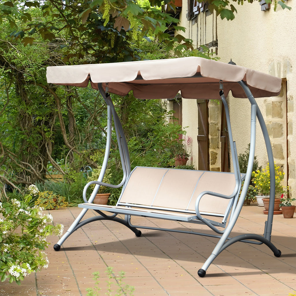 Outsunny 3 Seater Bench Steel Outdoor Patio Porch Swing Chair with Adjustable Canopy - Beige