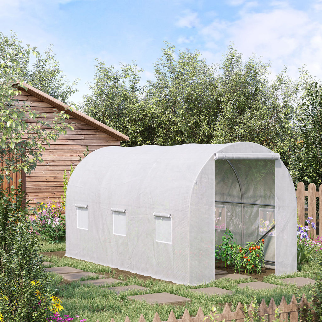 Outsunny Polytunnel Steel Frame Greenhouse Walk-in Greenhouse 3.5 L x 2 W x 2H m-White - Inspirely