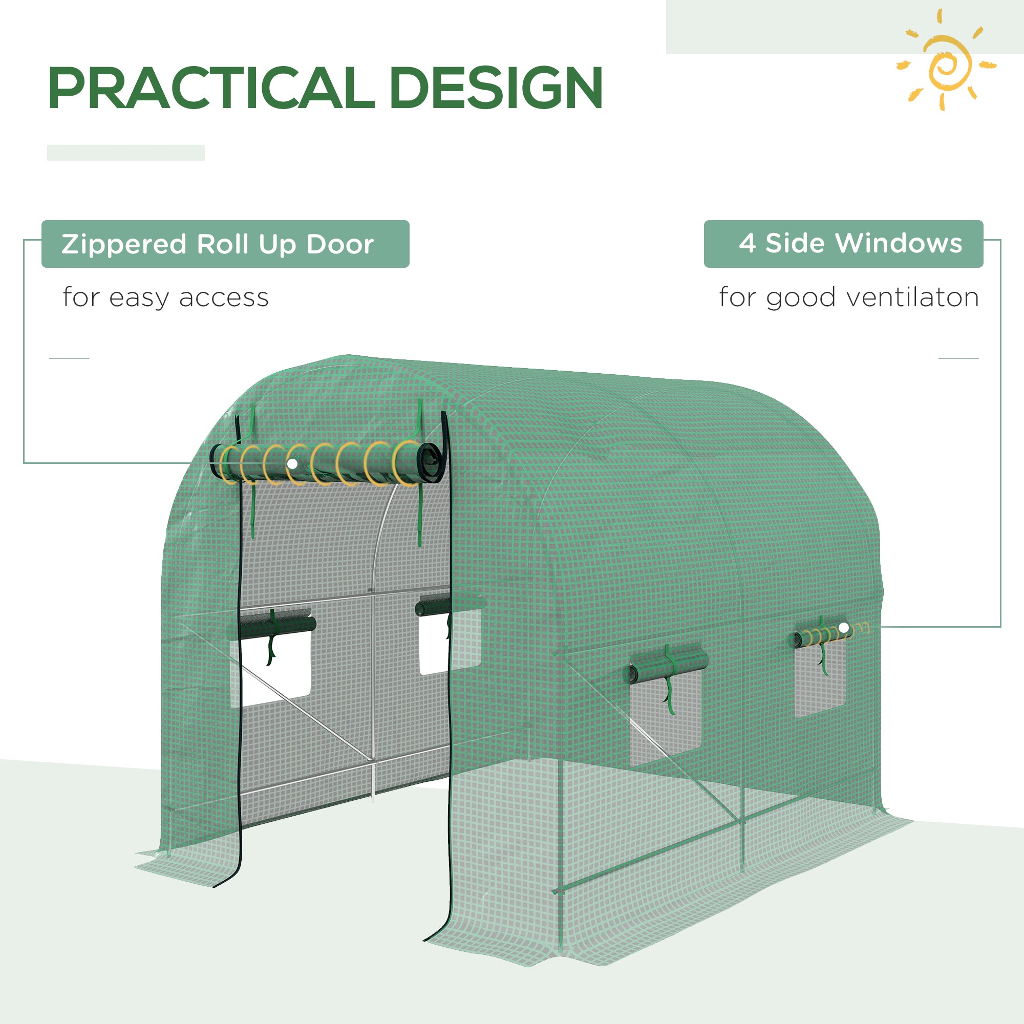 Outsunny 2.5 x 2m Walk-In Polytunnel Greenhouse, with Steel Frame, PE Cover, Roll-Up Door and 4 Windows, Green