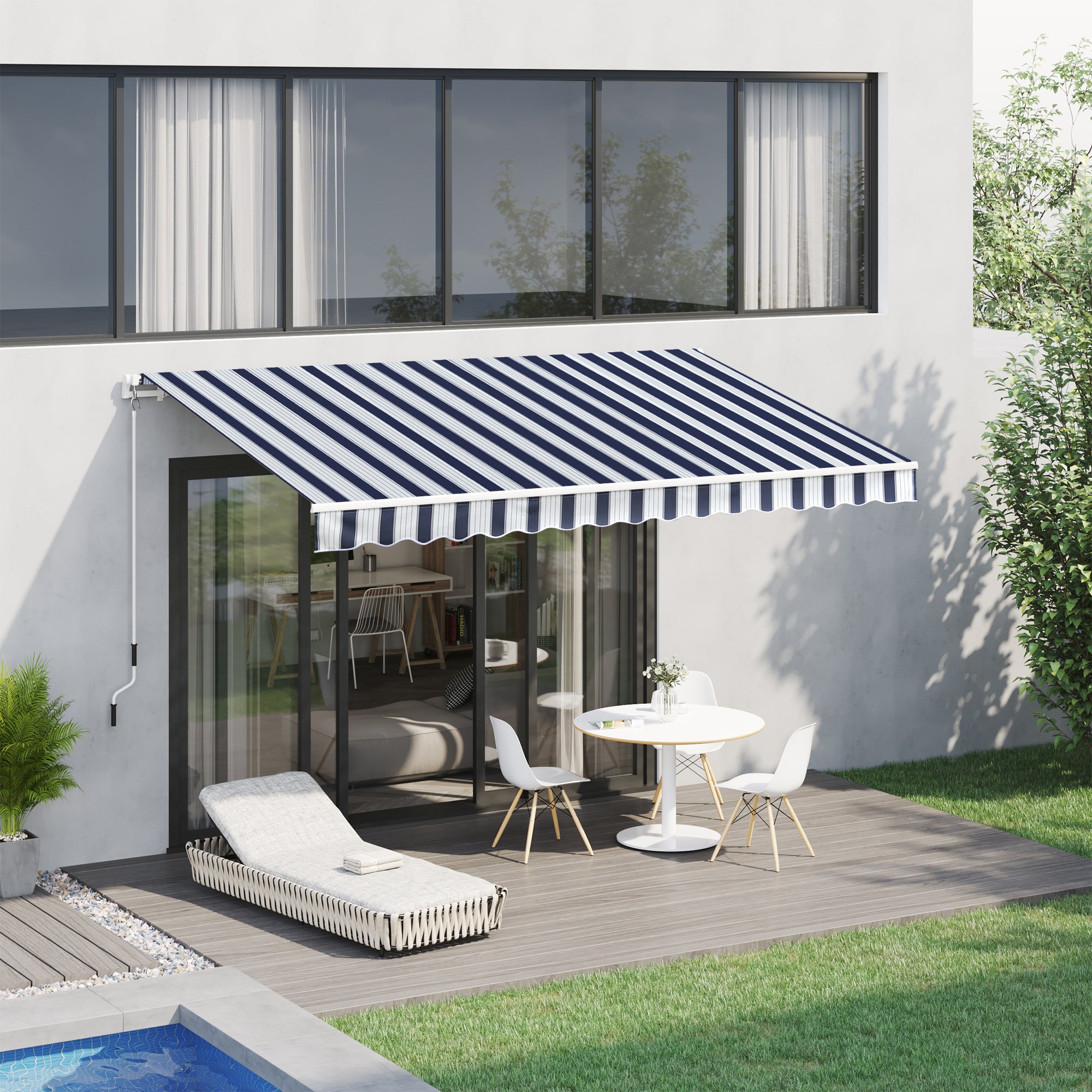 Outsunny Garden Patio Manual Awning Canopy Sun Shade Shelter Retractabl Retractable Awning, 3.5x2.5 m-Blue/White - Inspirely