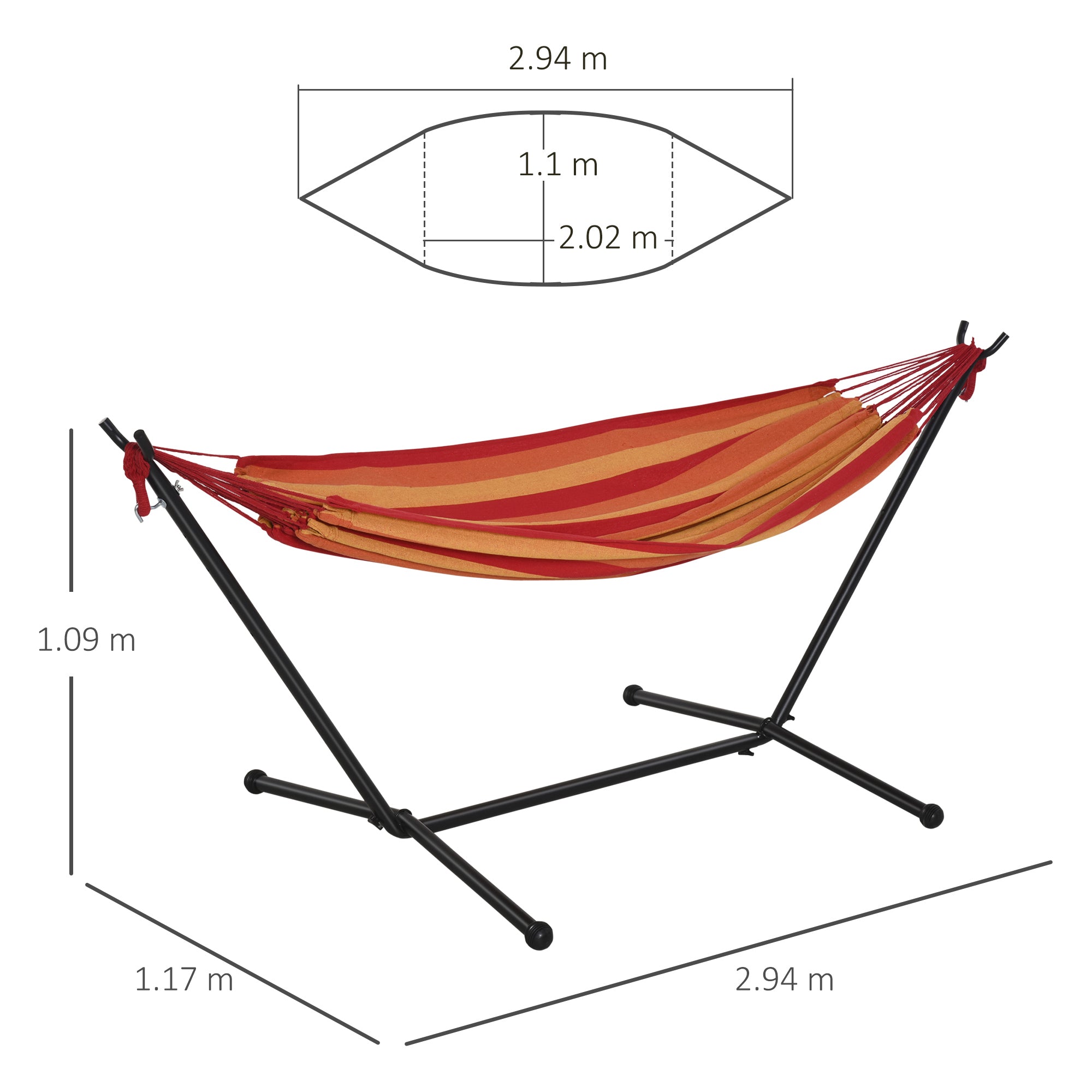 Outsunny 294 x 117cm Hammock with Stand Camping Hammock with Portable Carrying Bag, Adjustable Height, 120kg Load Capacity, Red Stripe - Inspirely