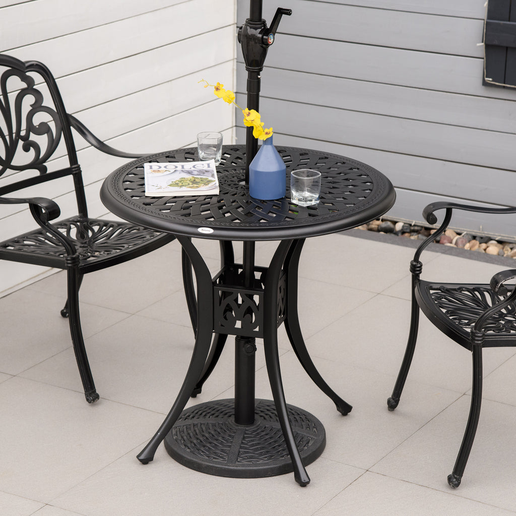 Outsunny 78cm Round Garden Dining Table Bistro Set with Parasol Hole Antique Cast Aluminium Outdoor Table, Black - Inspirely