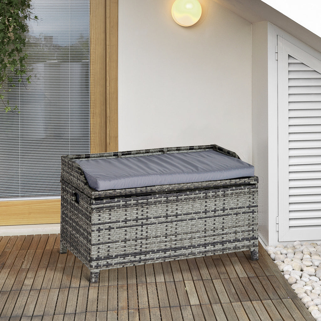 Outsunny Patio PE Rattan Wicker Storage Basket Box Bench Seat Furniture w/ Cushion Mixed Grey - Inspirely