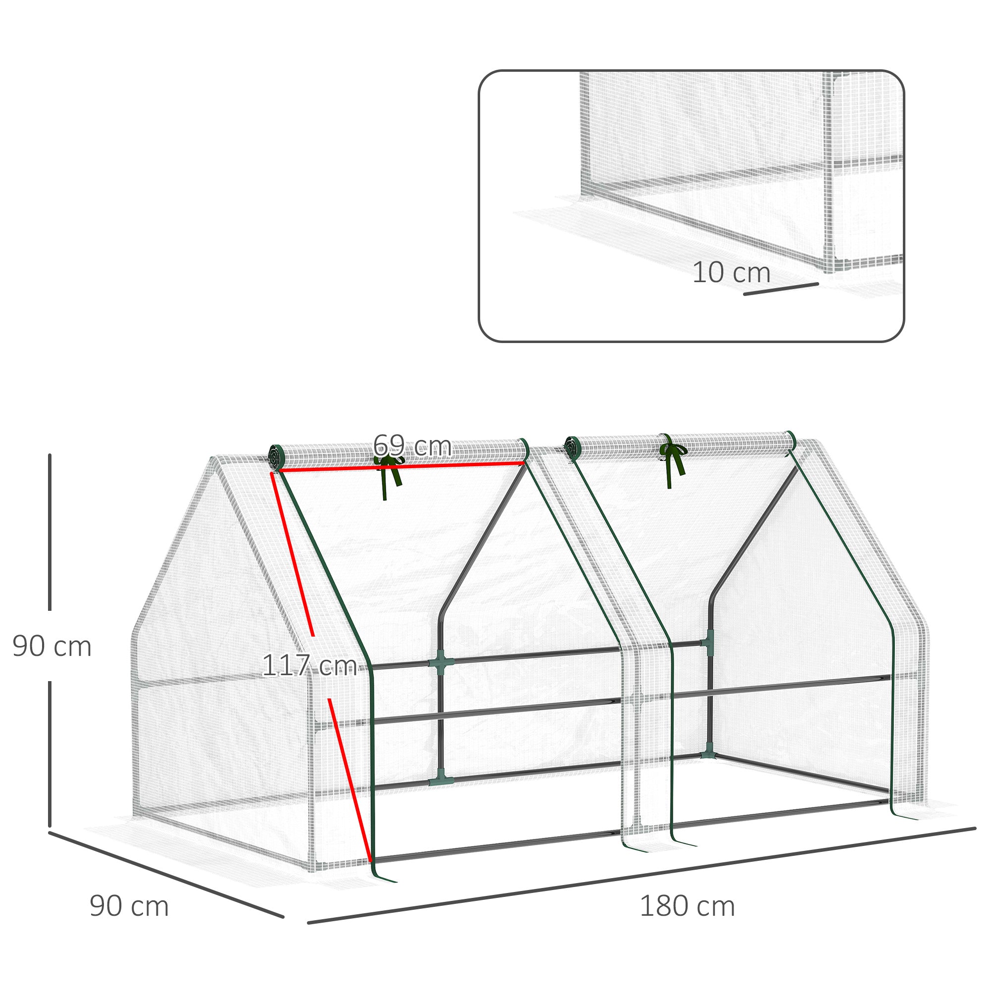 Outsunny Mini Small Greenhouse with Steel Frame & PE Cover & Zippered Window Poly tunnel Steeple for Plants Vegetables, 180 x 90 x 90 cm, White