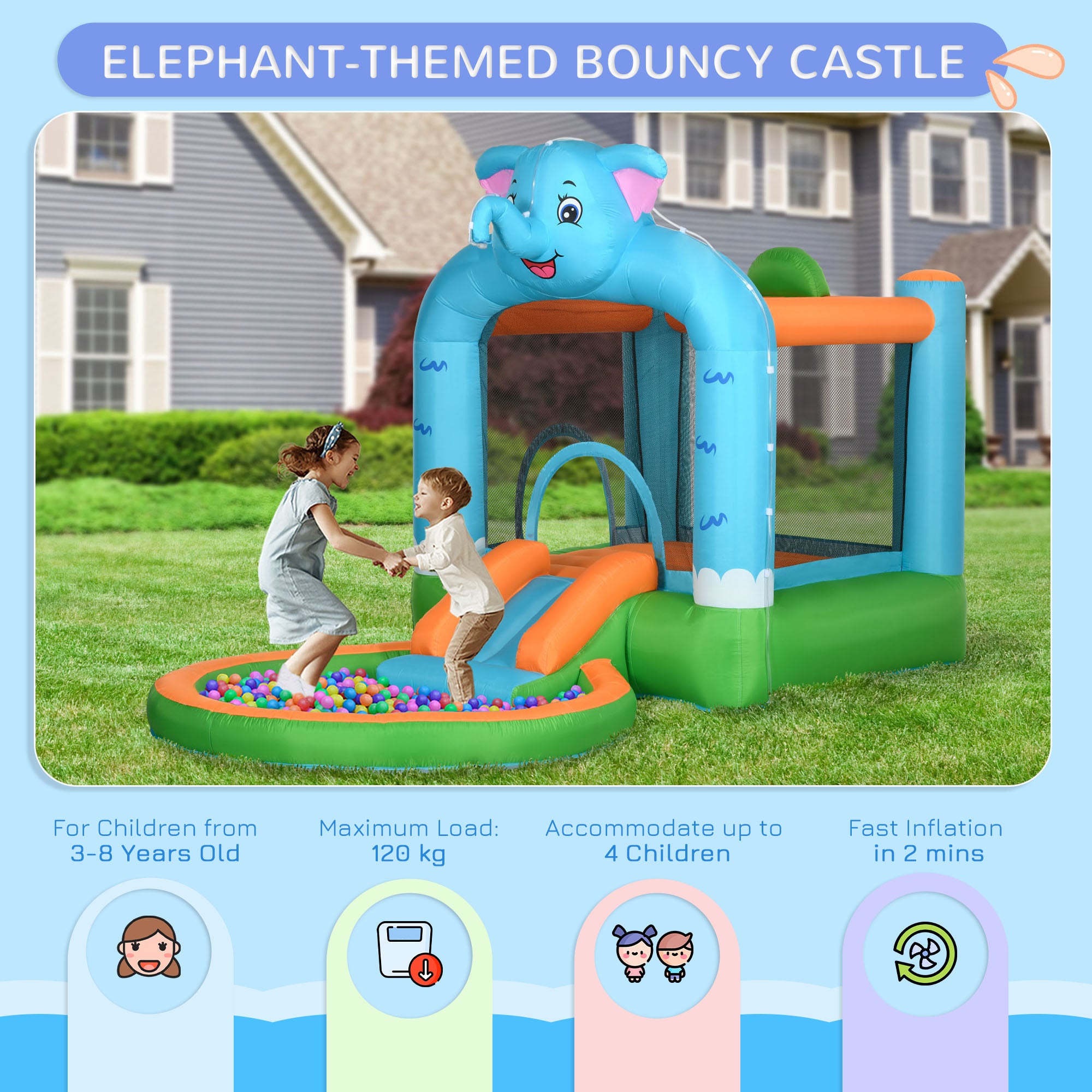 Outsunny 4 in 1 Elephant-Themed Inflatable Water Park, Kids Bouncy Castle, for Ages 3-8 Years - Multicoloured