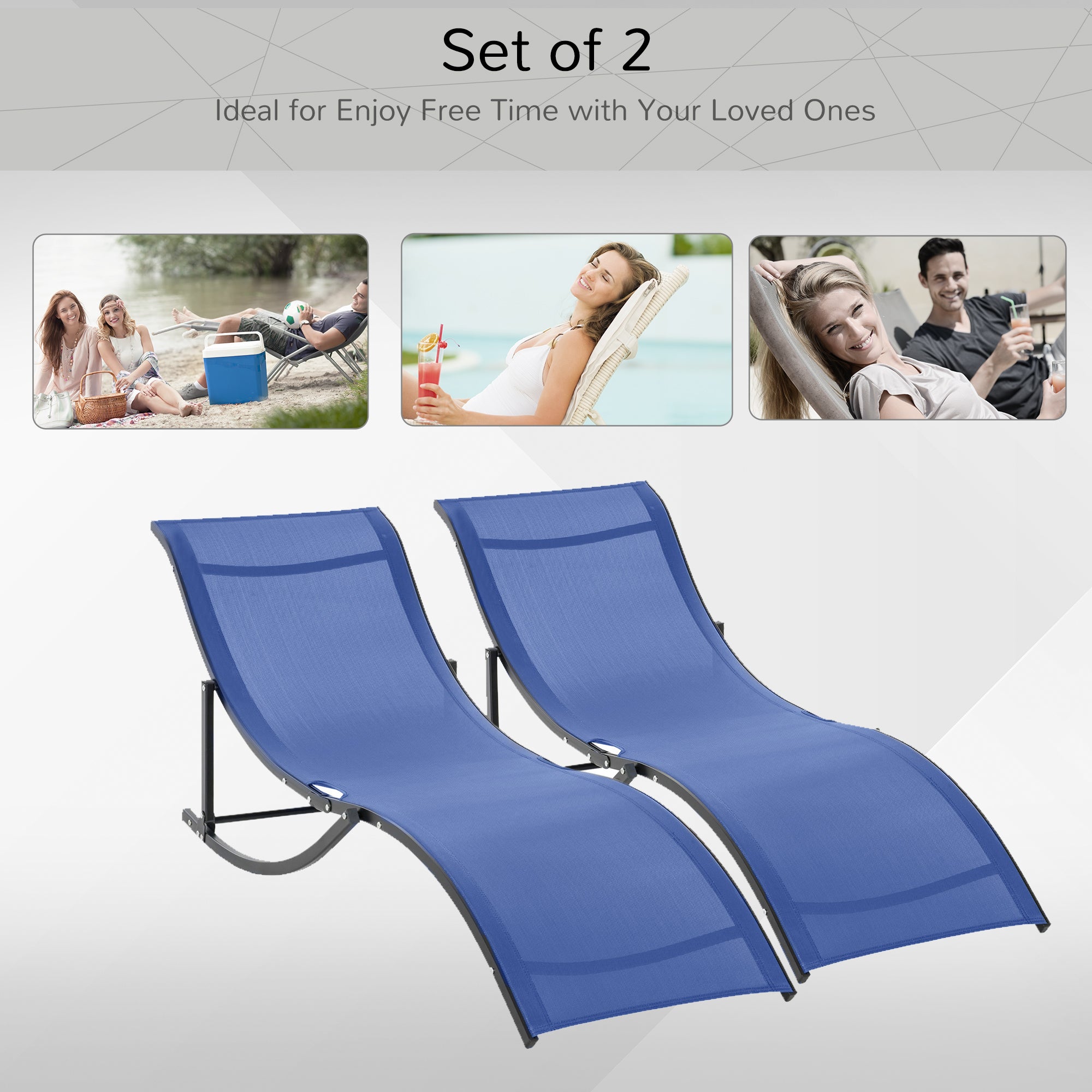 Outsunny Set of 2 S-shaped Foldable Lounge Chair Sun Lounger Reclining Outdoor Chair for Patio Beach Garden Blue - Inspirely