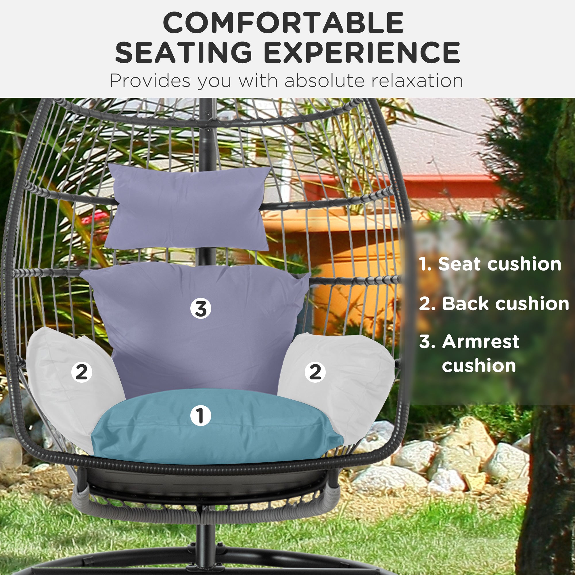 Outsunny Garden Lounge Chair Cushion Set, Patio Egg Chair Seat, Armrest, Back Pad Cushion, Easy Clean & Replacement for Indoor & Outdoor Use Dark Grey - Inspirely