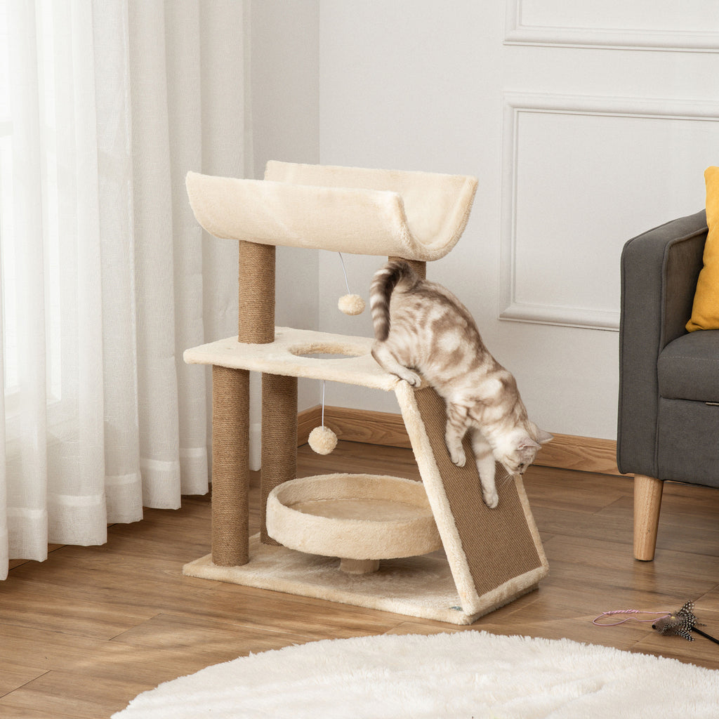 PawHut Cat Tree for Indoor Cats with Scratching Posts Pad, Kitten Tower with Bed Perch Ball Toy, 60 x 30 x 76 cm, Light Brown