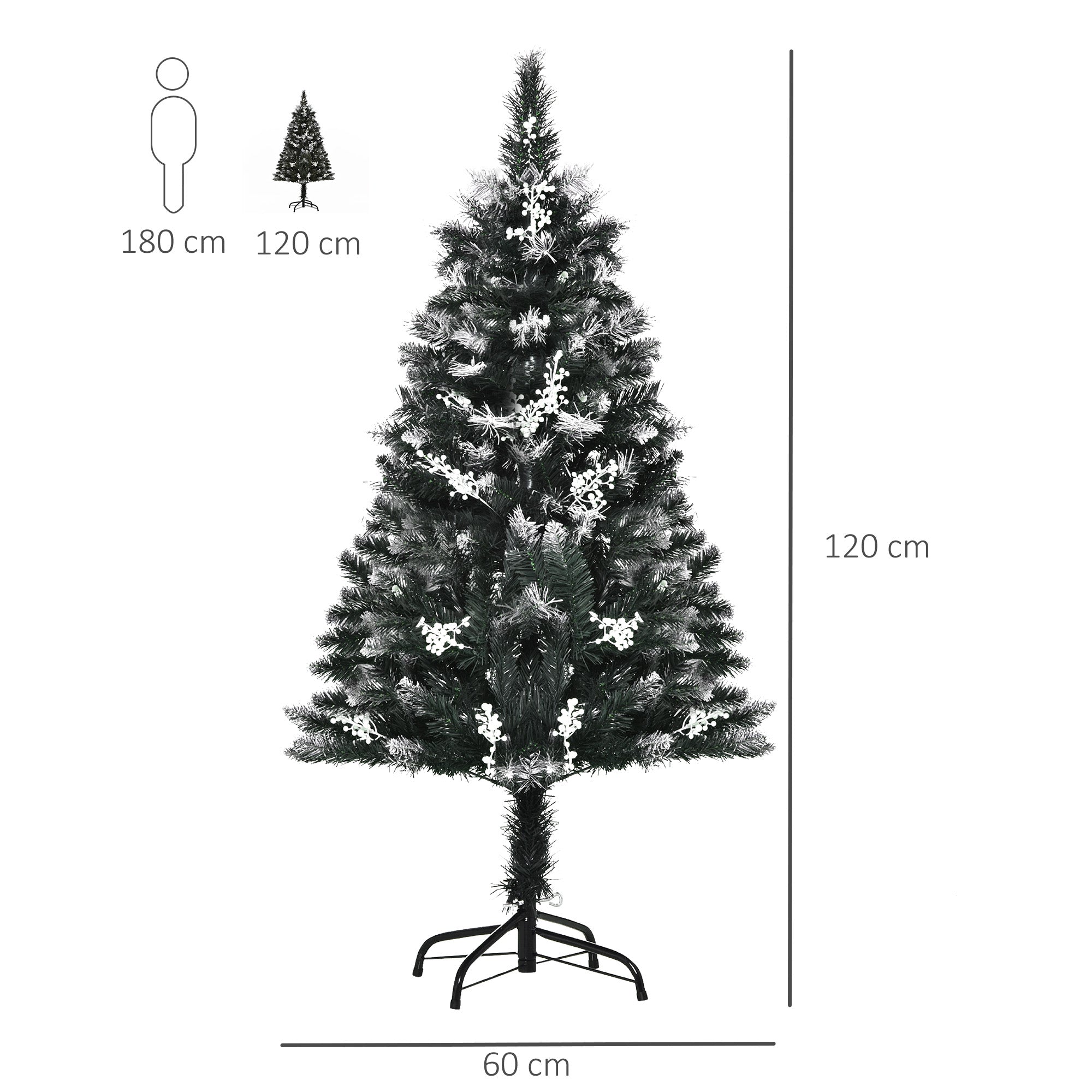 HOMCOM 4ft Artificial Snow Dipped Christmas Tree Xmas Pencil Tree Holiday Home Indoor Decoration with Foldable Feet White Berries Dark Green - Inspirely
