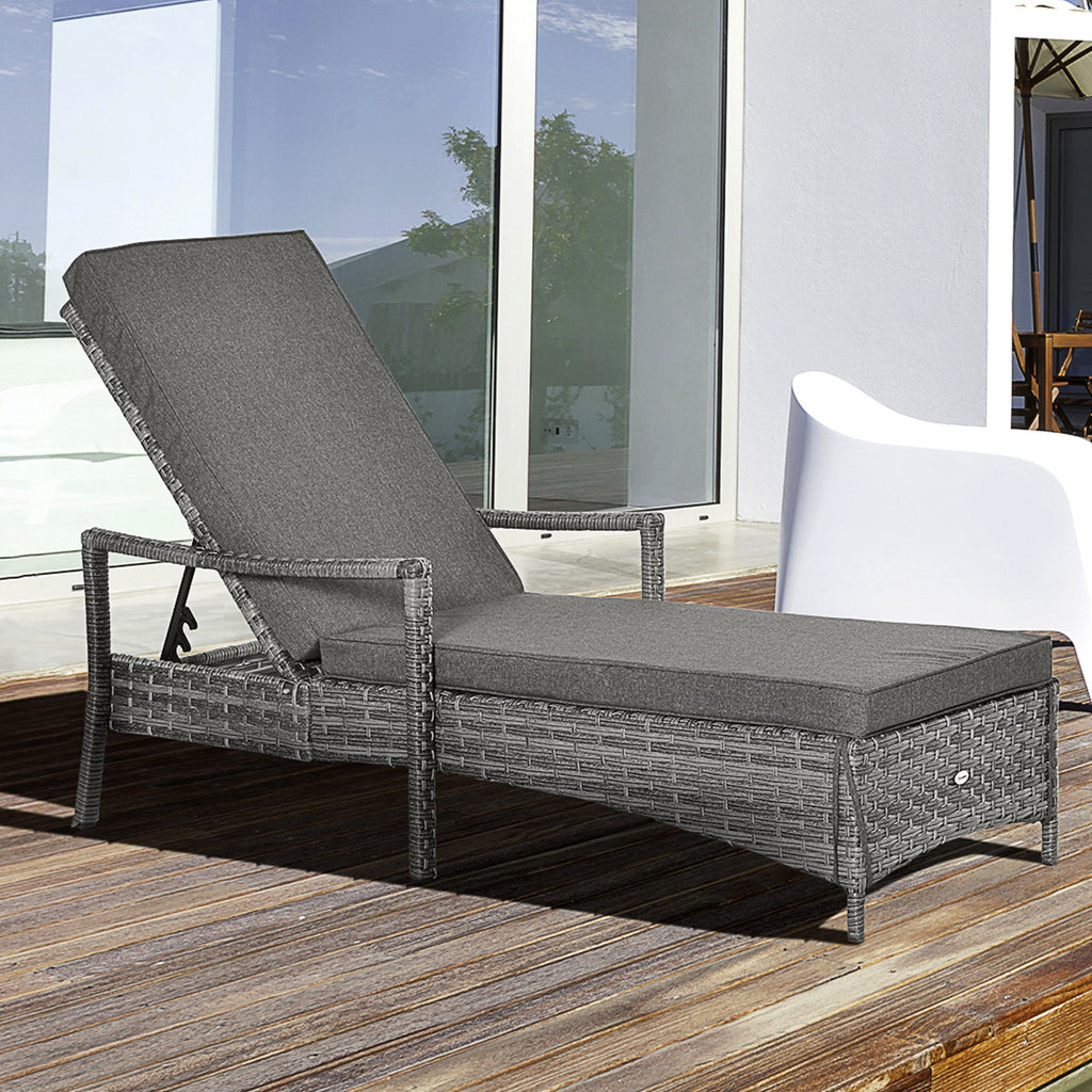 Outsunny Patio Rattan Sun Lounger, Dual Wicker Weave Single Reclining Chair Furniture,  Adjustable Backrest w/ Removable&Washable Cushion Mixed Grey - Inspirely