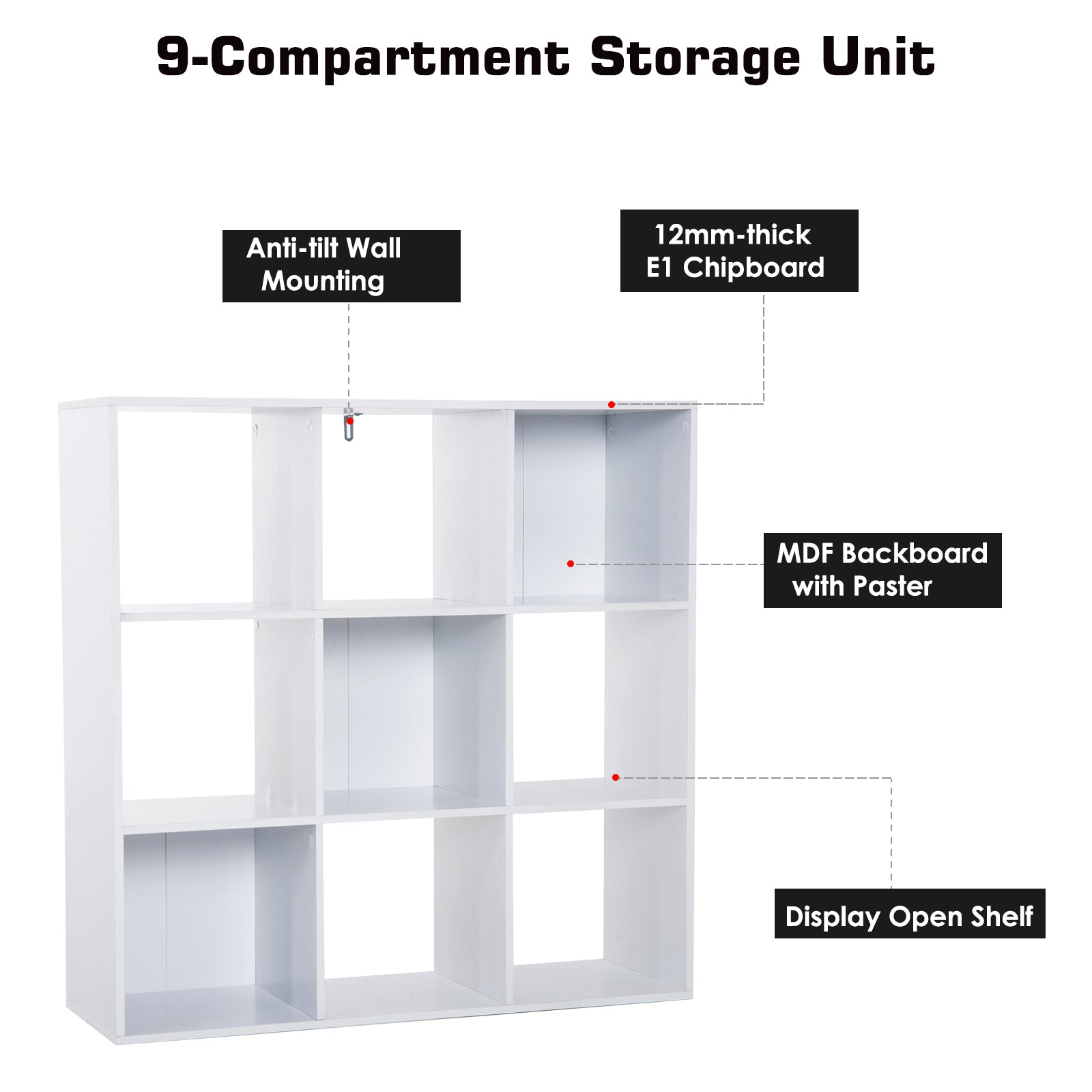 HOMCOM Wooden 9 Cube Storage Cabinet Unit 3 Tier Shelves Organiser Display Rack Living Room Bedroom Furniture - White - Inspirely