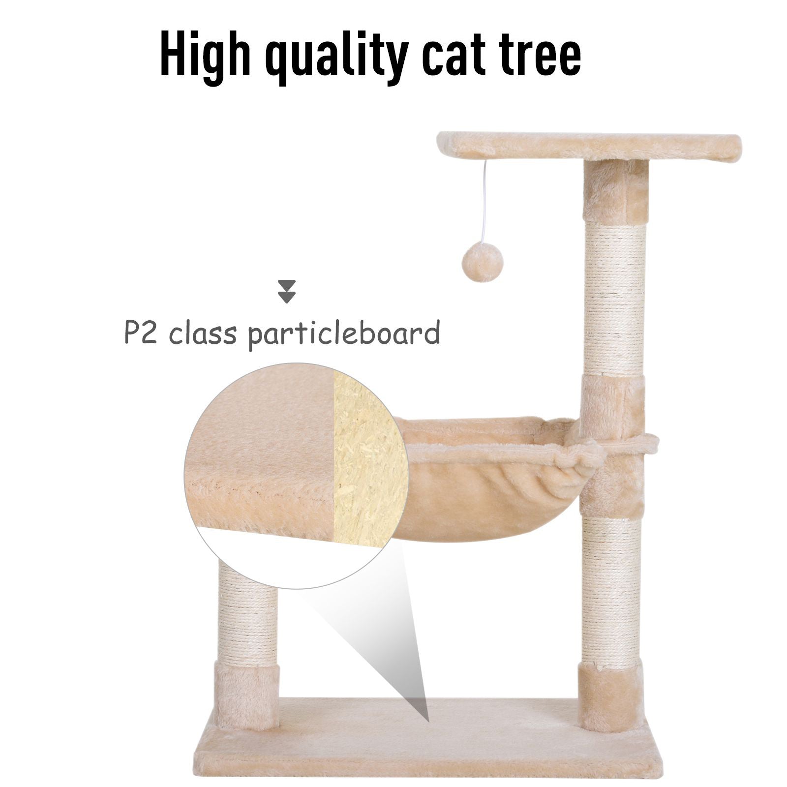 PawHut Cat Tree Hammock Bed Natural Sisal Scratching Post w/ Dangle Toy 2 Tier 70cm Pet Scratch Stand - Inspirely