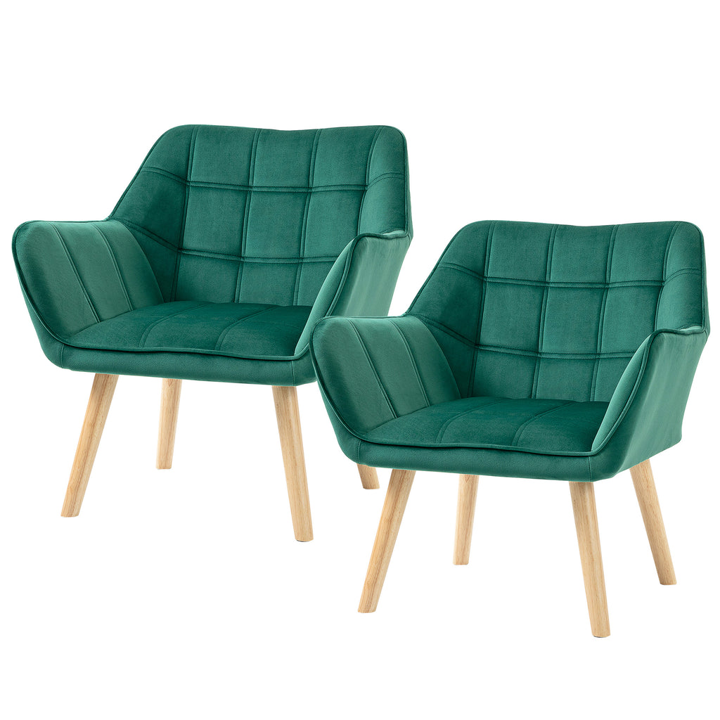 HOMCOM Armchair Accent Chair, Vanity Chair with Wide Arms, Slanted Back, Padding, Metal Frame, Wooden Legs, Home Bedroom Furniture Seating, Set of 2, Green
