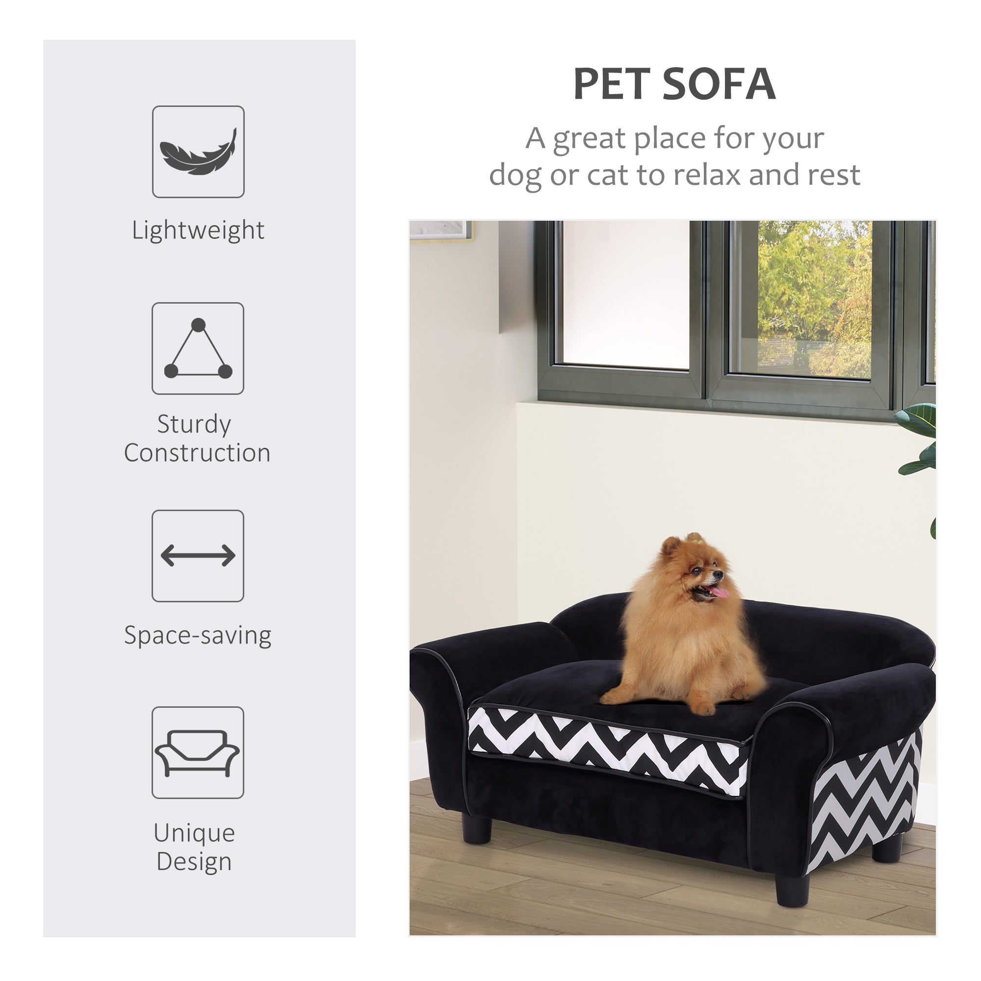 PawHut Dog Sofa Bed for XS-Sized Dogs, Cat Sofa with Soft Cushion, Pet Chair Lounge with Washable Cover, Removable Legs, Wooden Frame - Black