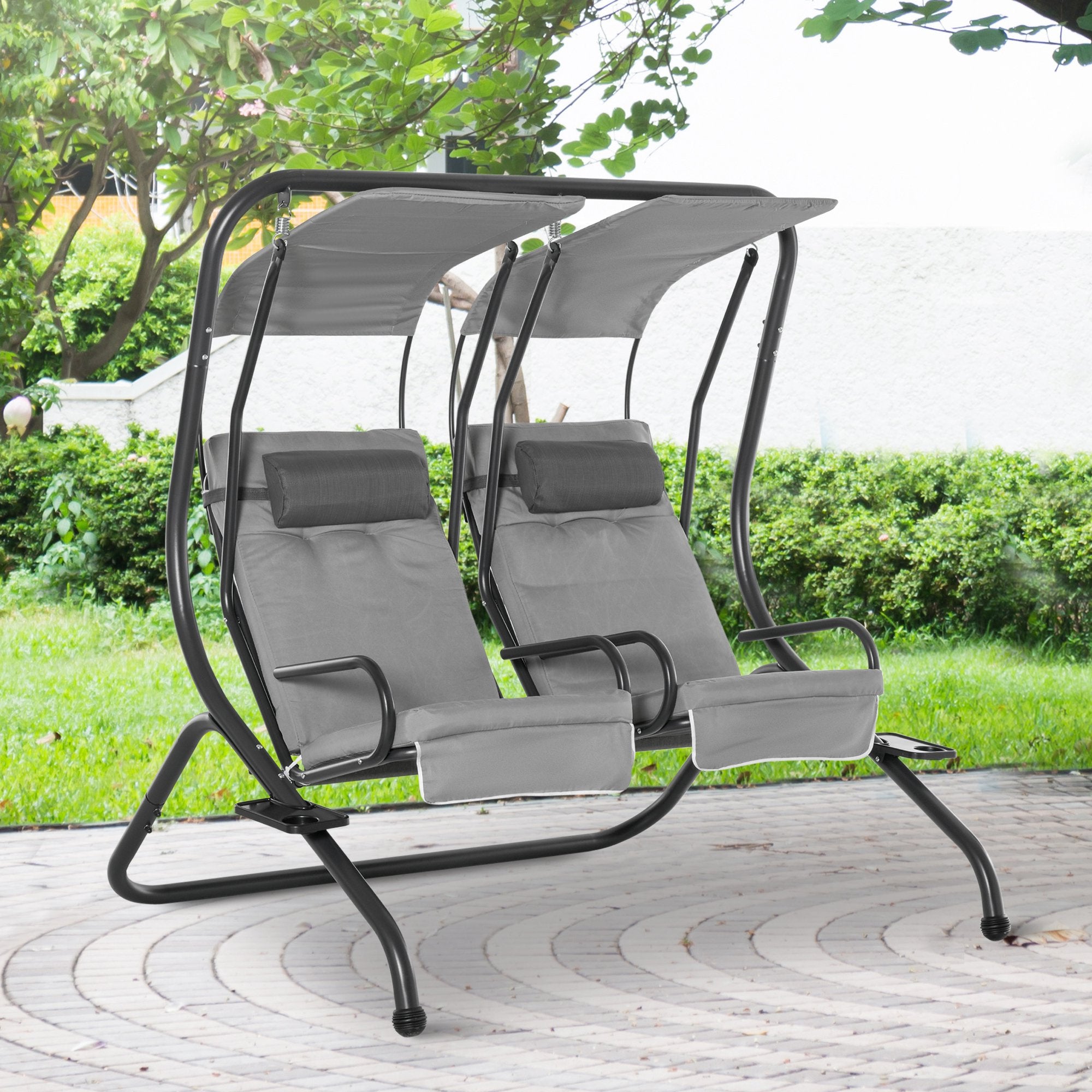 Outsunny Double Seat Swing Chair Modern Garden Swing w/ 2 Separate Relax Chairs, Handrails, Headrests and Removable Canopy, Grey - Inspirely