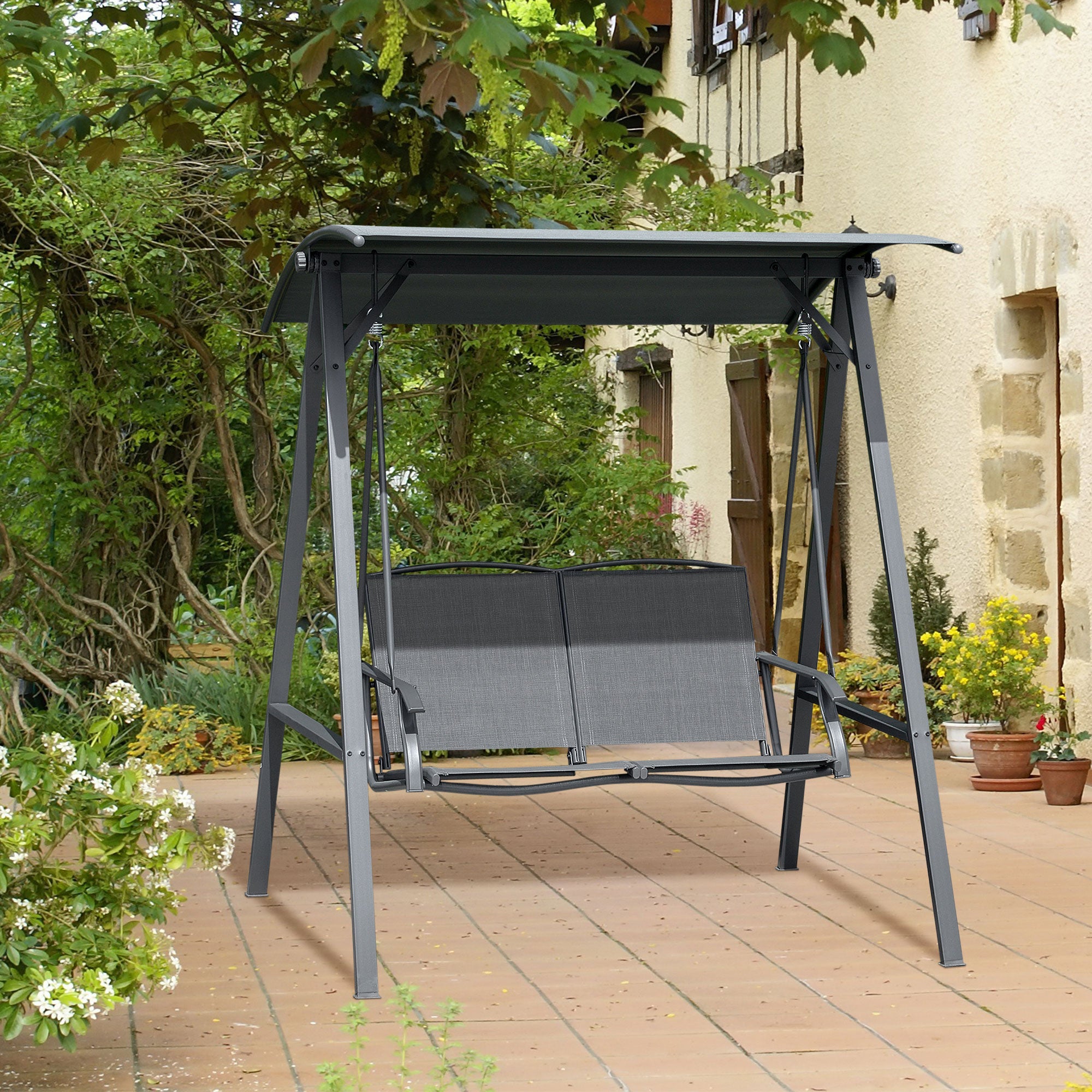 Outsunny 2 Seater Garden Swing Chair Outdoor Canopy Swing Bench with Adjustable Shade and Metal Frame Dark Grey