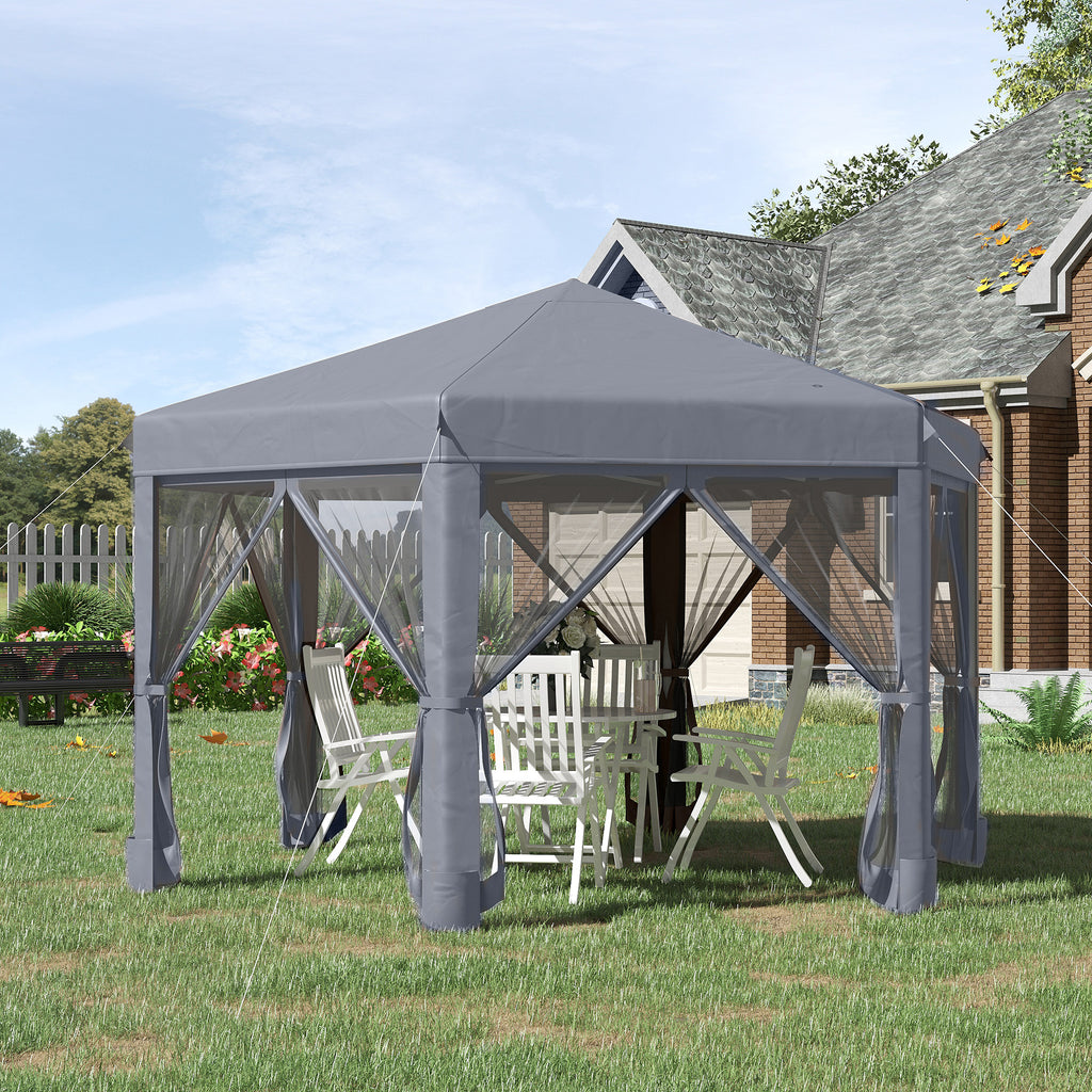 Outsunny 3.2m Pop Up Gazebo Hexagonal Canopy Tent Outdoor Sun Protection with Mesh Sidewalls, Handy Bag, Grey - Inspirely