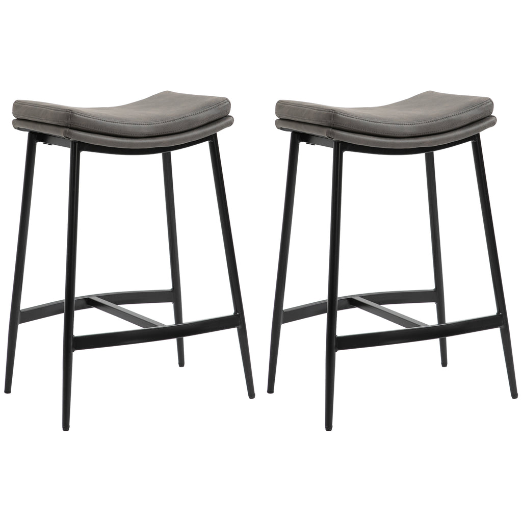 HOMCOM Breakfast Bar Stools Set of 2, Microfibre Upholstered Barstools, Industrial Bar Chairs with Curved Seat and Steel Frame for Dining Room, Kitchen, Grey