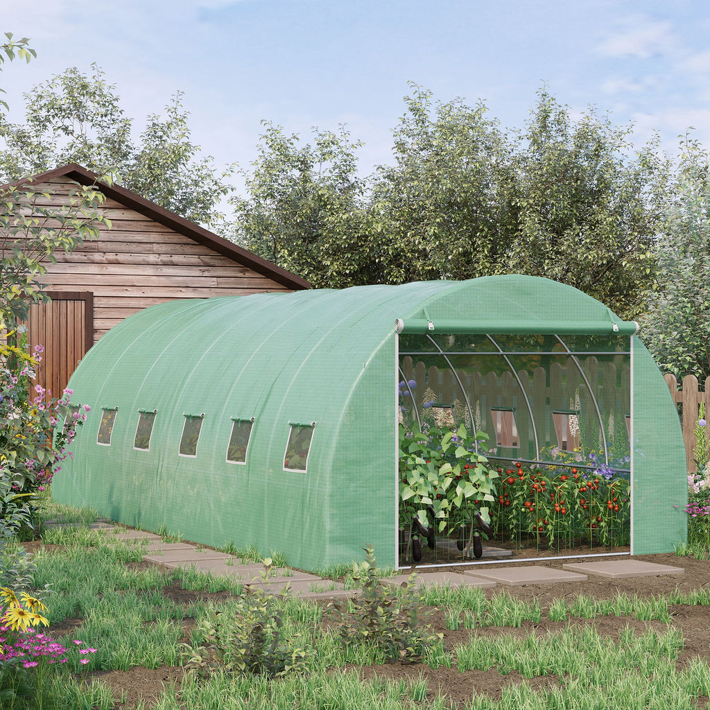 Outsunny 6 x 3 x 2 m Large Walk-In Greenhouse Garden Polytunnel Greenhouse with Steel Frame, Zippered Door and Roll Up Windows, Green - Inspirely