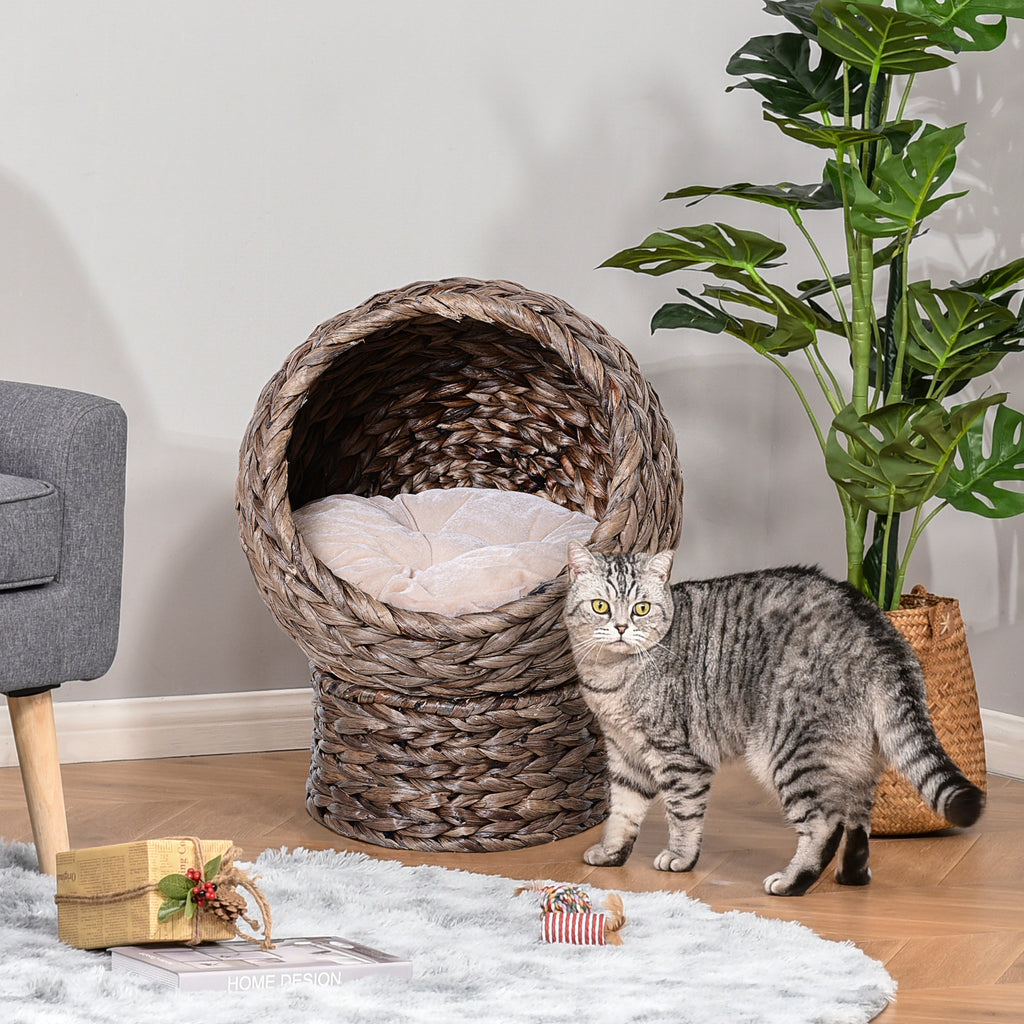 PawHut Wicker Cat Bed, Raised Rattan Cat Basket with Cylindrical Base, Soft Washable Cushion, 42 x 33 x 52cm - Brown