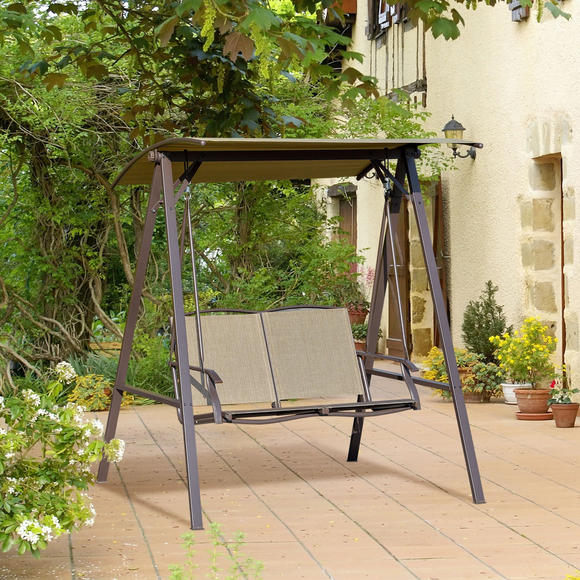 Outsunny 2 Seater Garden Swing Chair Outdoor Canopy Swing Bench with Adjustable Shade and Metal Frame Brown
