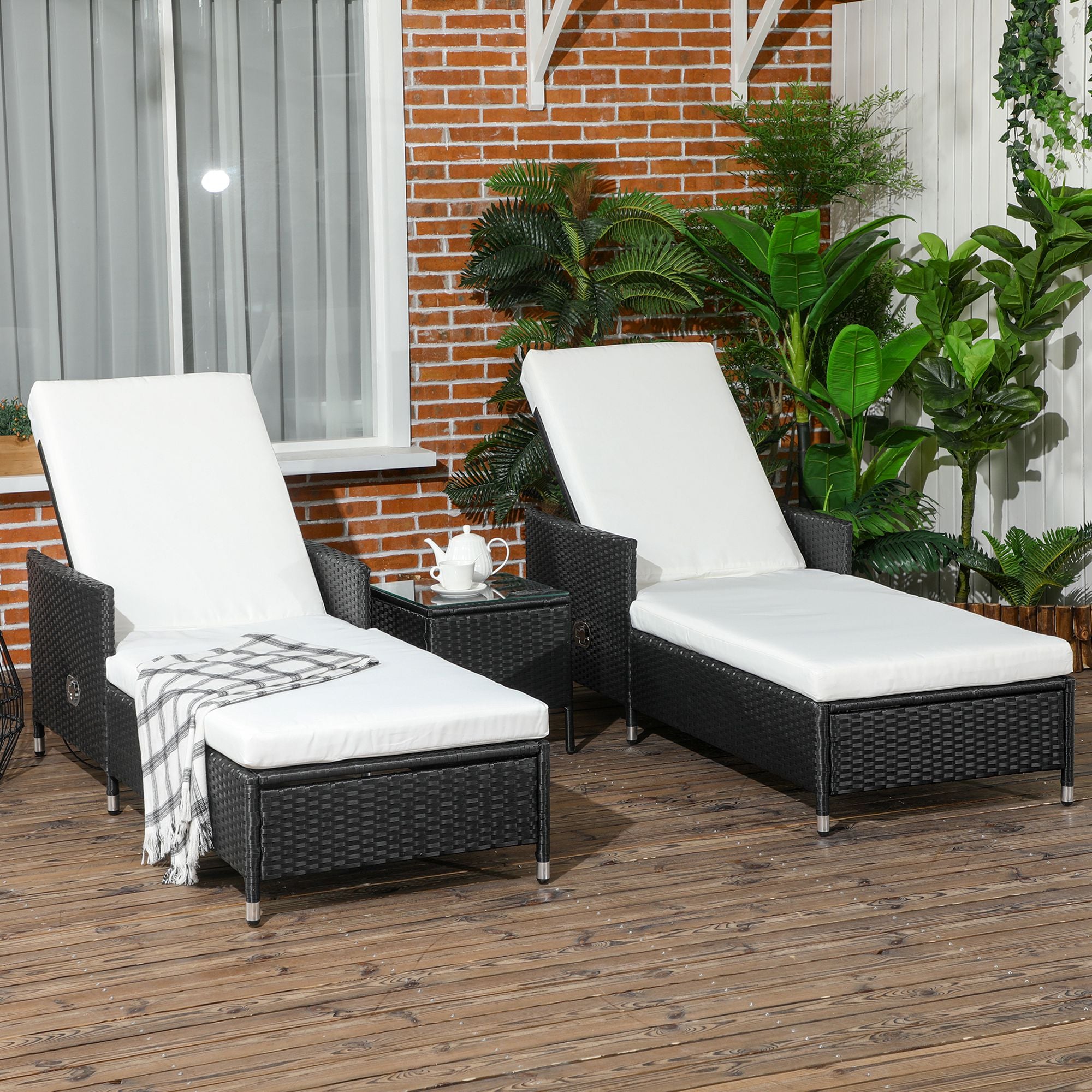 Outsunny 3-Pieces Rattan Sun Lounger, Patio Chaise Lounge Chair Set with Adjustable Backrest, Soft Cushions, Glass Top Table, Cream White