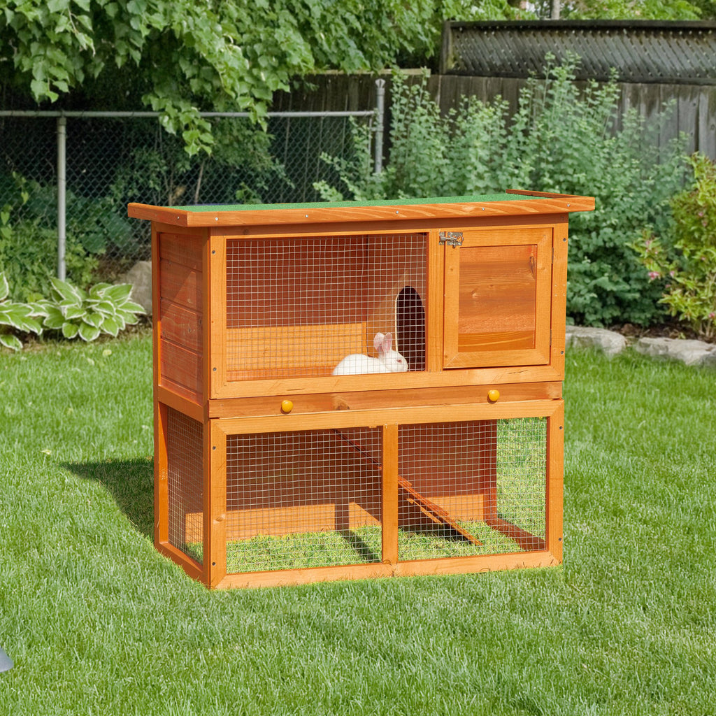 PawHut 2-Tier Rabbit Hutch Wooden Guinea Pig Hutch Double Decker Pet Cage Run with Sliding Tray Opening Top - Inspirely