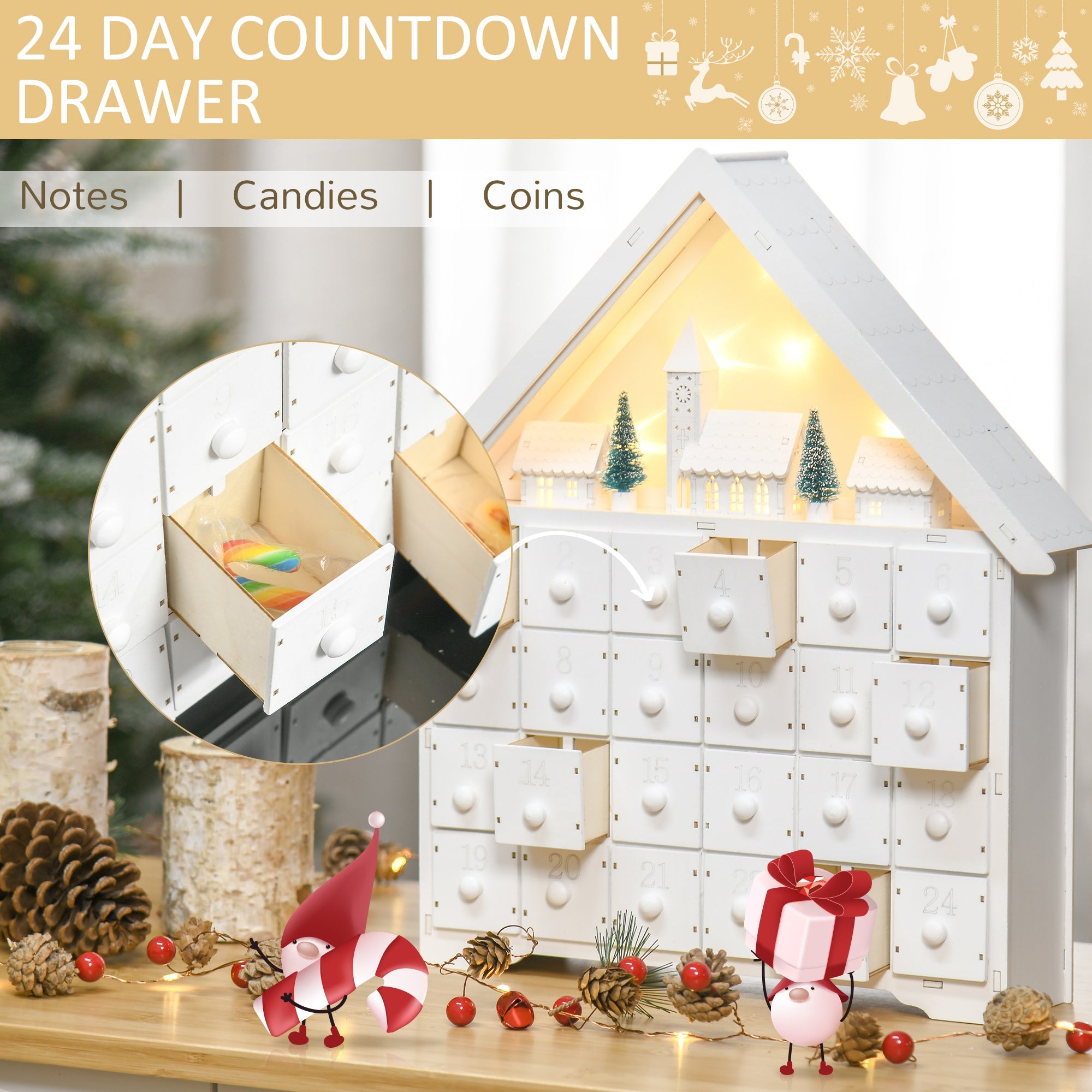 HOMCOM Christmas Advent Calendar, Light Up Table Xmas Wooden House Holiday Decoration with Countdown Drawer, Village, for kids Adults, White - Inspirely