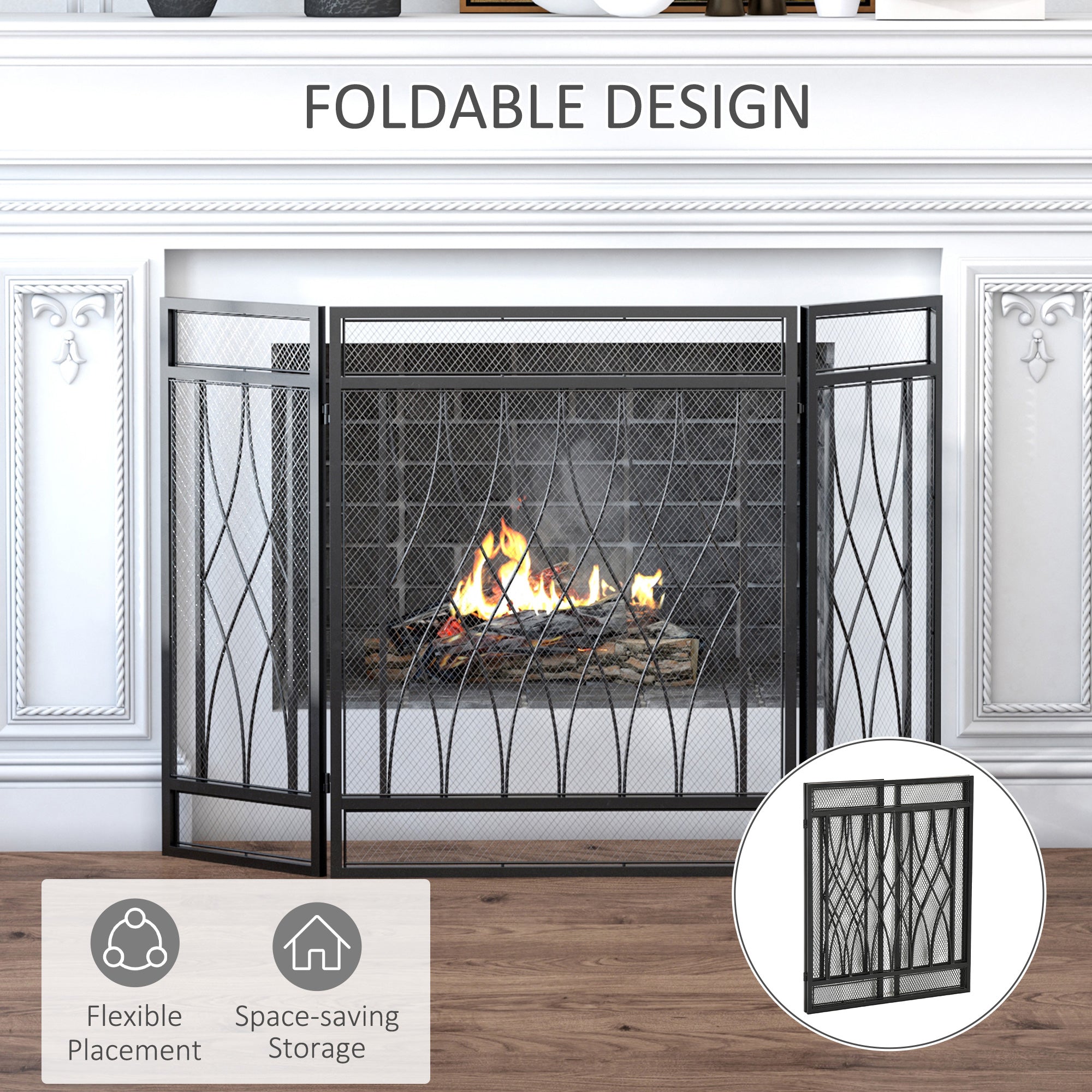 HOMCOM 3-Panel Folding Fireplace Screen, Metal Mesh Fire Spark Guard, 126L x 3W x 80H cm-Black - Inspirely