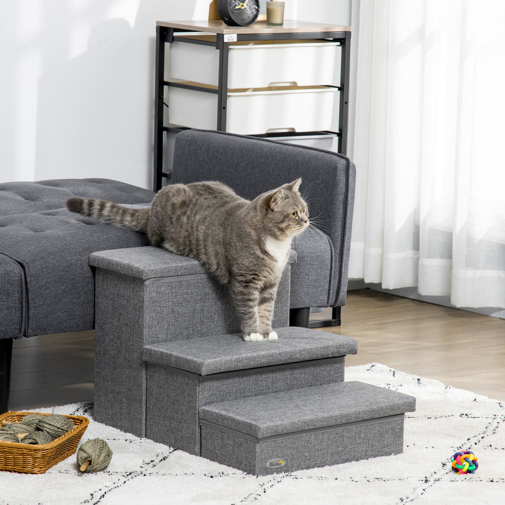 PawHut Cat Stairs with Storage Boxes, 3 Steps Dog Stairs for Bed, Pet Ladder for Couch Sofa, Easy Installation, 63.5 x 42.5 x 40.5 cm, Light Grey