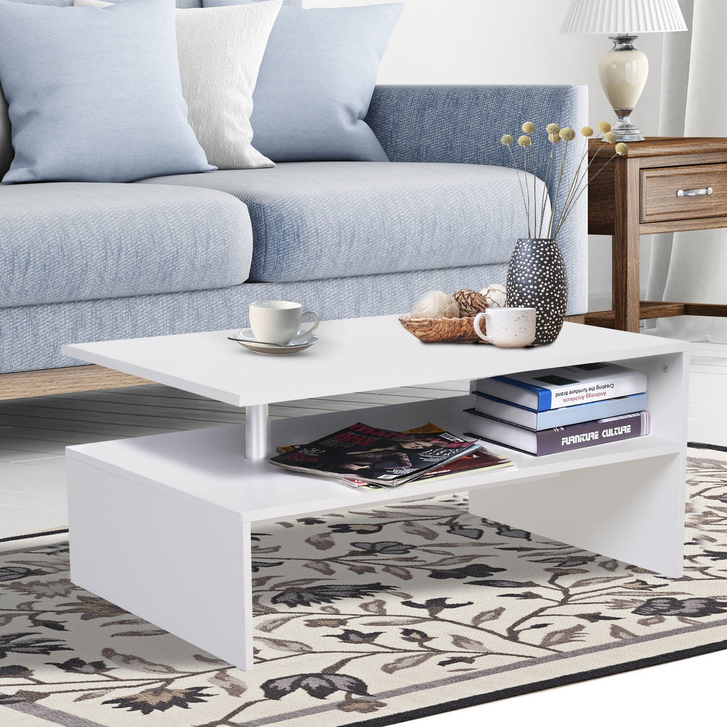 HOMCOM 2-Tier Coffee Table Side/End Table Modern Rectangular Design w/ Open Shelf Living Room Entryway Hallway Furniture White - Inspirely