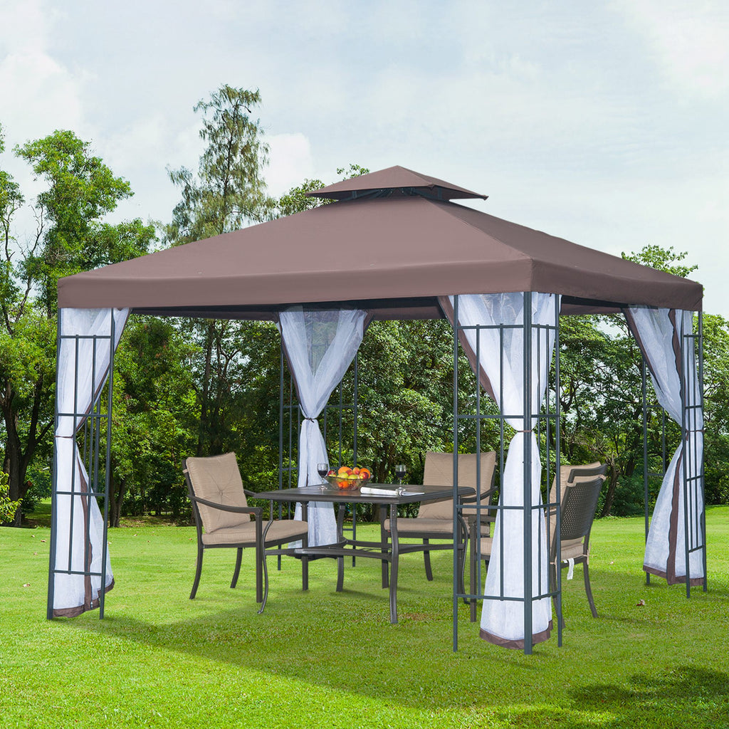 Outsunny 3 x 3(m) Patio Gazebo Canopy Garden Pavilion Tent Shelter with 2 Tier Roof and Mosquito Netting, Steel Frame, Coffee - Inspirely